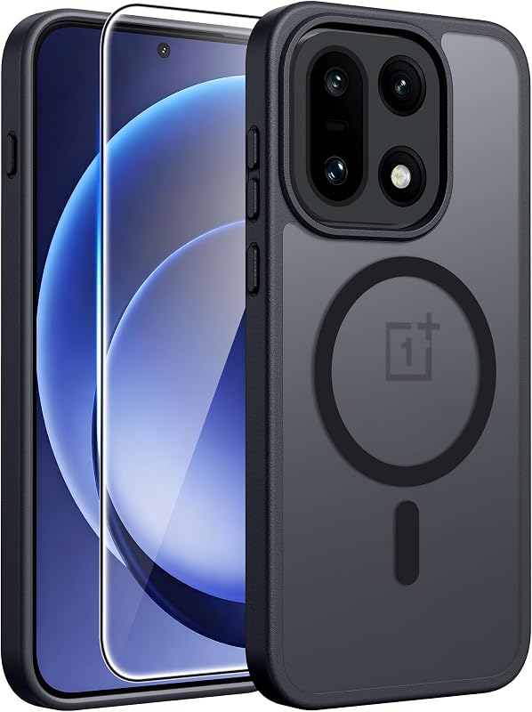 for OnePlus 15 Case, Fit for Magsafe, Screen Protector, Black | Translucent Matte Magnetic Back, 14FT Military Grade Drop Protection, Shockproof Protective Phone Cover