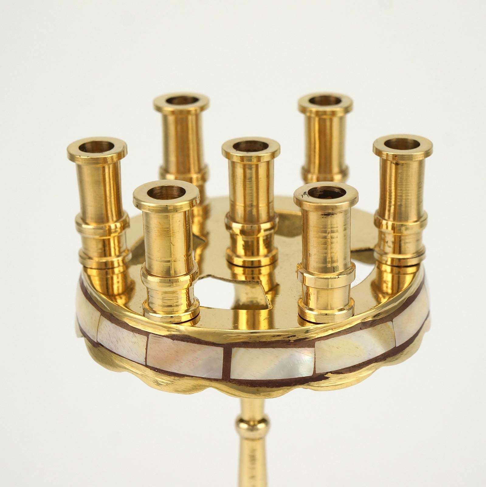 Orthodoxer Kerzenhalter - 7 Kerzen Messing Kandelaber mit Perlmutt-Inlay, Heim Ikone Altar, Gebetsecke, Höhe 15,0 cm