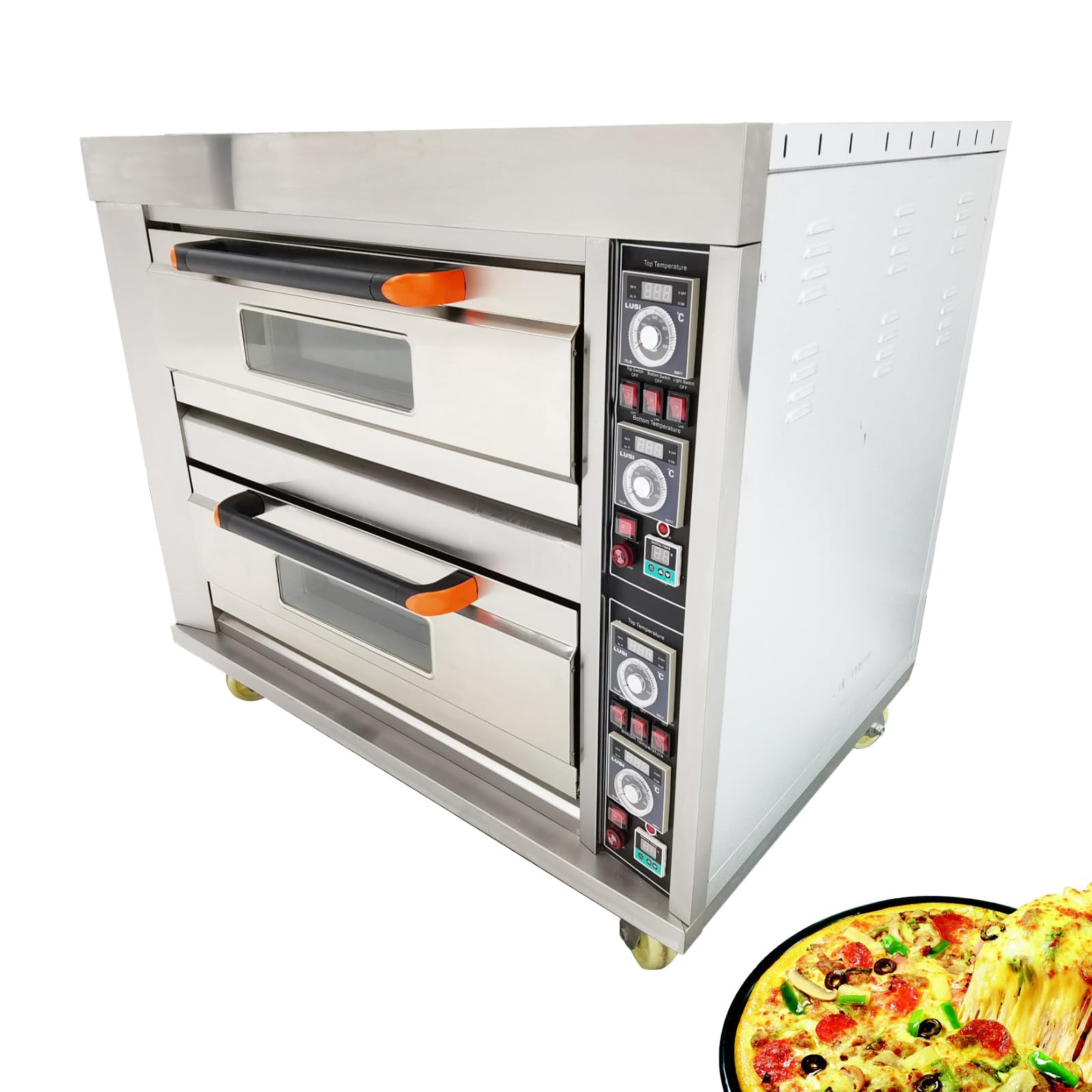 WYDDDARY Commercial Double Oven Heats up to 400°C Movable Stainless Steel Pizza Oven with 4 Baking Sheets for Commercial Kitchen AC220V
