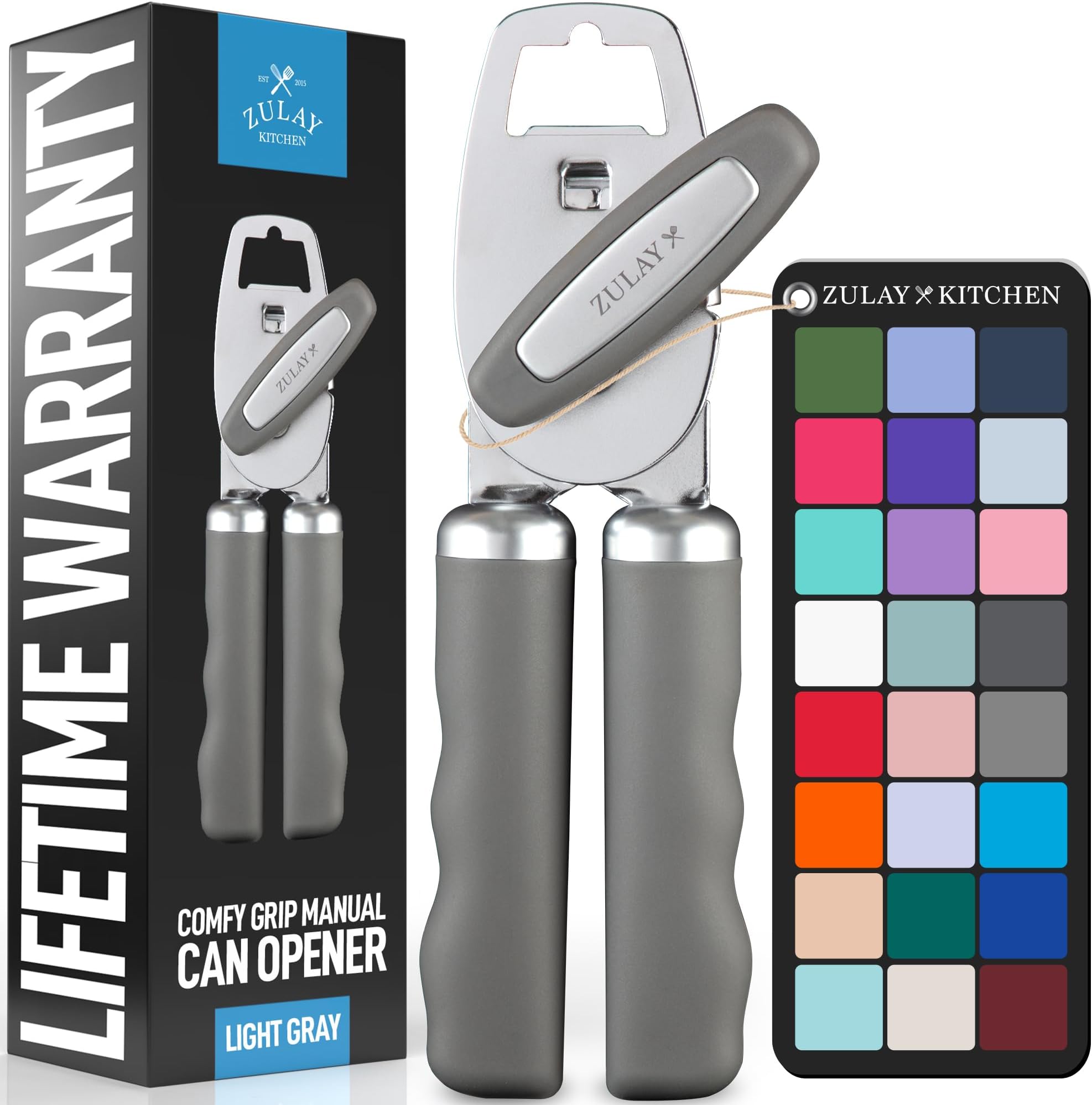 Zulay Kitchen Heavy Duty Stainless Steel Can Opener Manual with Bottle Opener - Rust Proof Manual Can Opener With Turn Knob & Comfy Soft Grip Handles - Light Gray