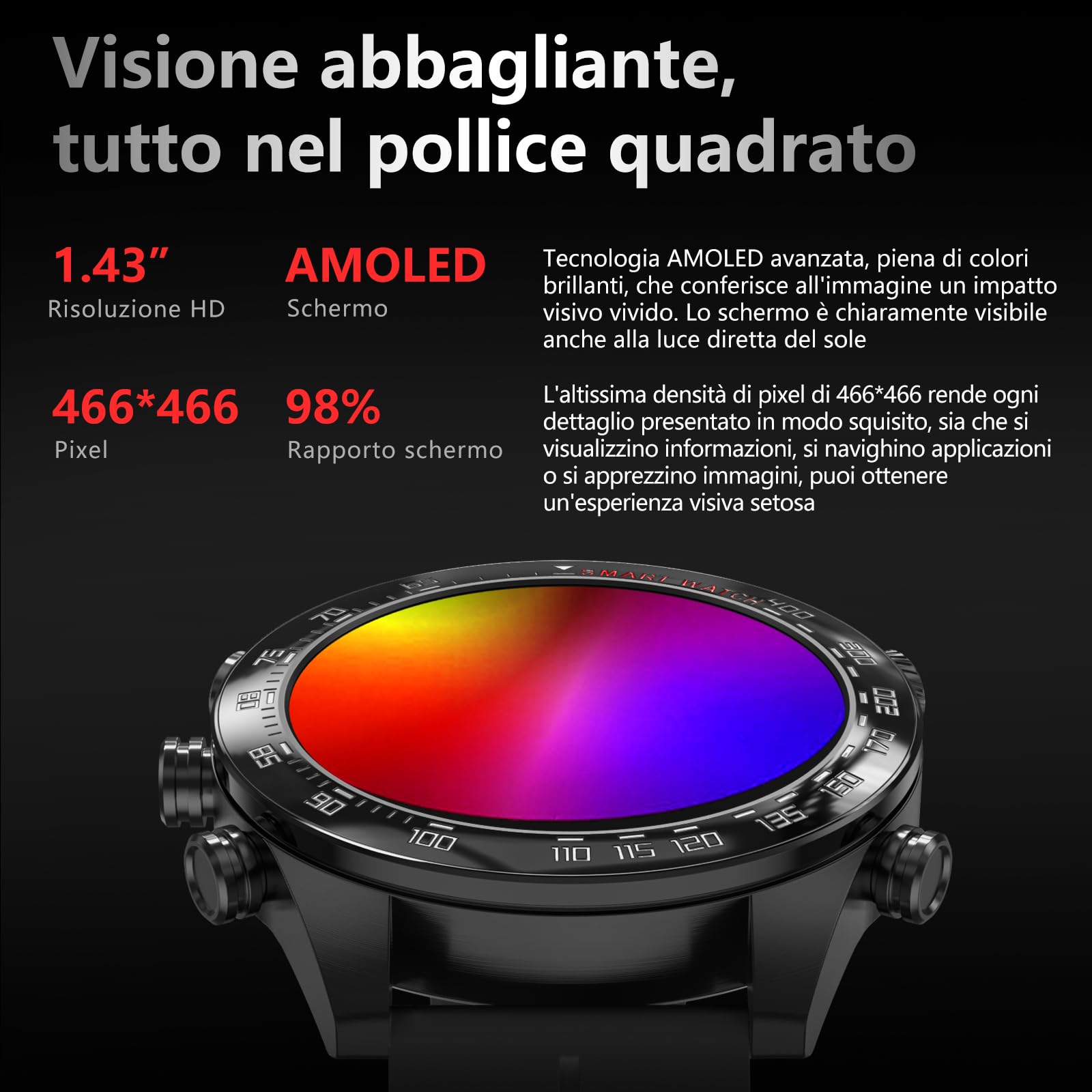 OUFUYU Smartwatch Uomo 1,43" AMOLED HD Display Orologio Intelligente Fitness Chiamate Bluetooth Fitness Tracker 100+ Modalità Sport Sonno Contapassi Cronometro Impermeabil IP68 Smart Watch Android iOS