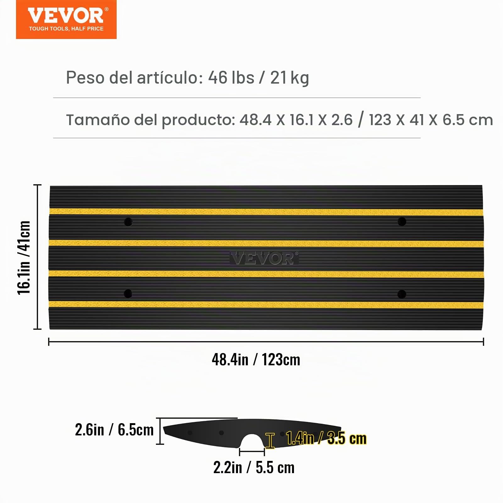 VEVOR Rampa para Silla de Ruedas Altura de 6,5 cm Rampa de Goma Carga de 15 t Rampa Antideslizante Extensible para Silla de Ruedas para Muelle de Carga Puerta de Entrada de Garaje, 122 x 40,5 x 6,5 cm