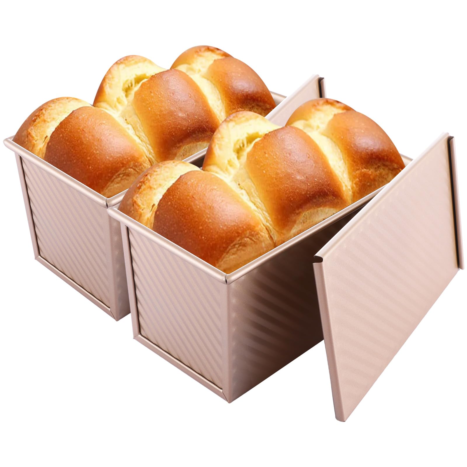VIDETOL 2 Pcs Pullman Loaf Tin with Lid, 450g (1lb) Gold Non-Stick Bread Tin, Carbon Steel Loaf Tins for Baking, Toast, Cake, 20 x 11.5 CM
