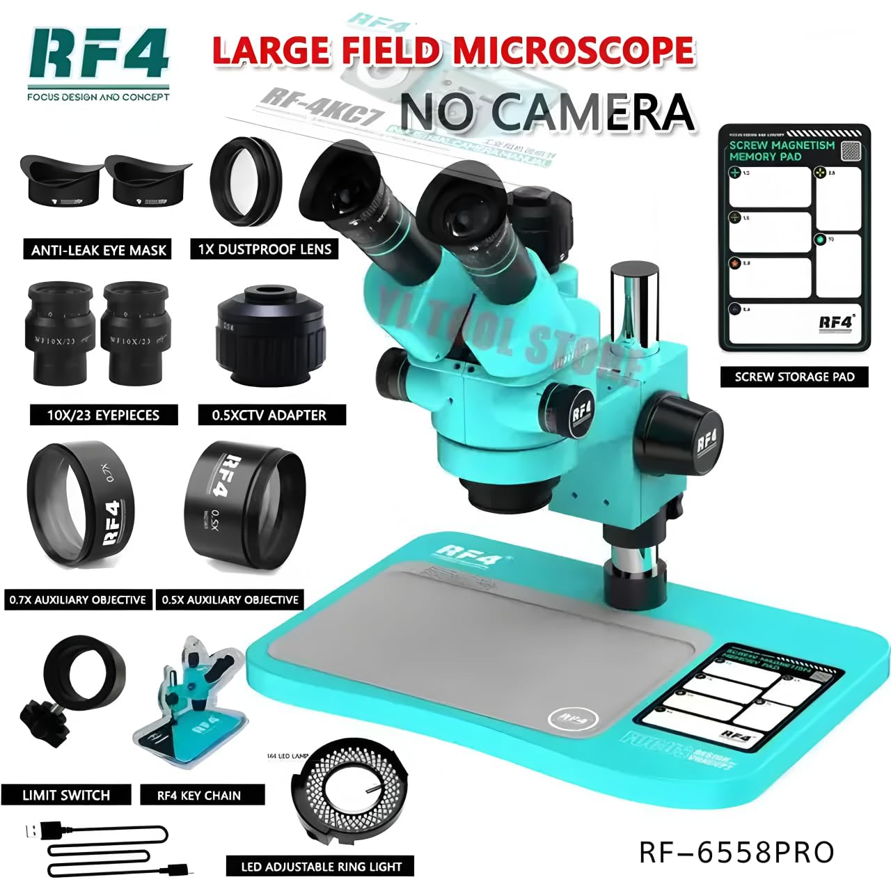 Microscopio stereoscopico trinoculare ultra HD 6558PRO con grande base, ingrandimento da 6.5X a 58X, per saldatura PCB e telefoni, microscopio a grande campo visivo (RF-6558PRO senza fotocamera)