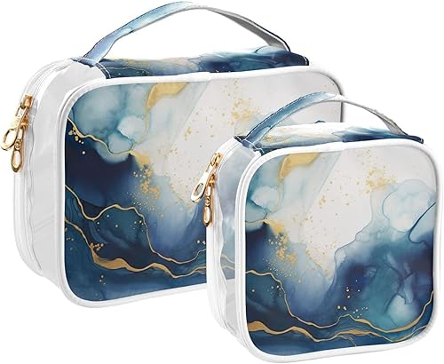 Bolsa de aseo transparente de mármol azul dorado para viajes, paquete de 2 bolsas de cosméticos de maquillaje con cremallera, bolsa de viaje para