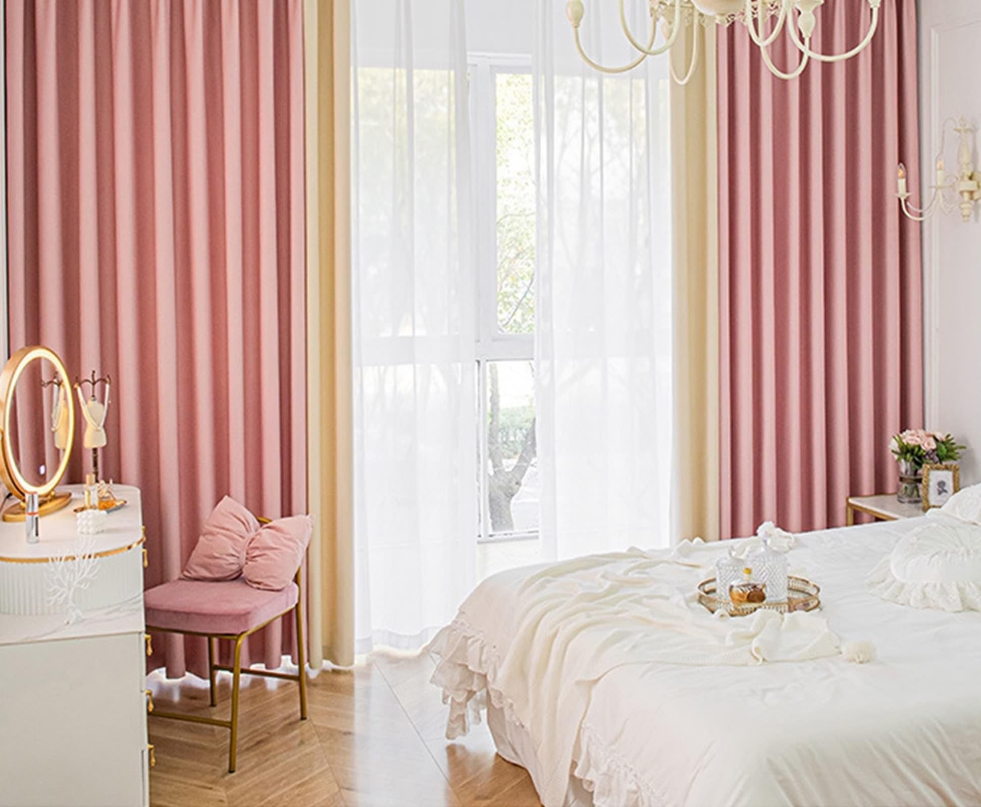 Rideaux occultants de luxe en chenille vintage bicolore beige et rose