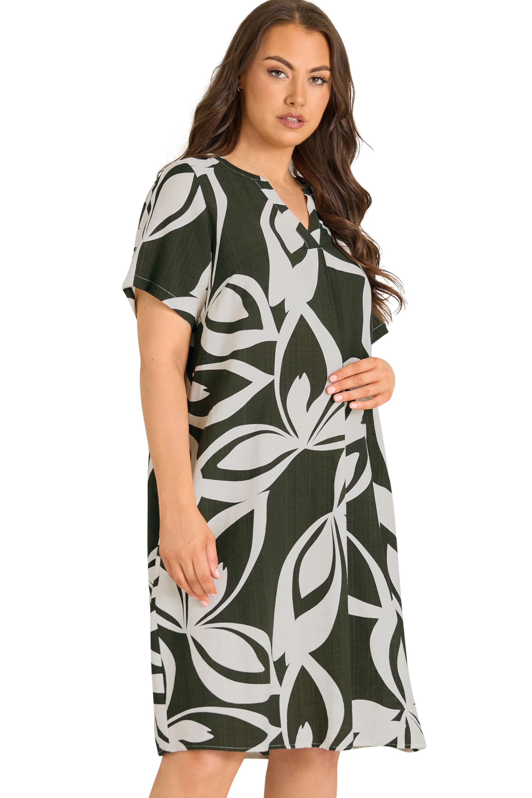 Evans Women's Green Plus Leaf Print Midi Shift Dress Size 30-32