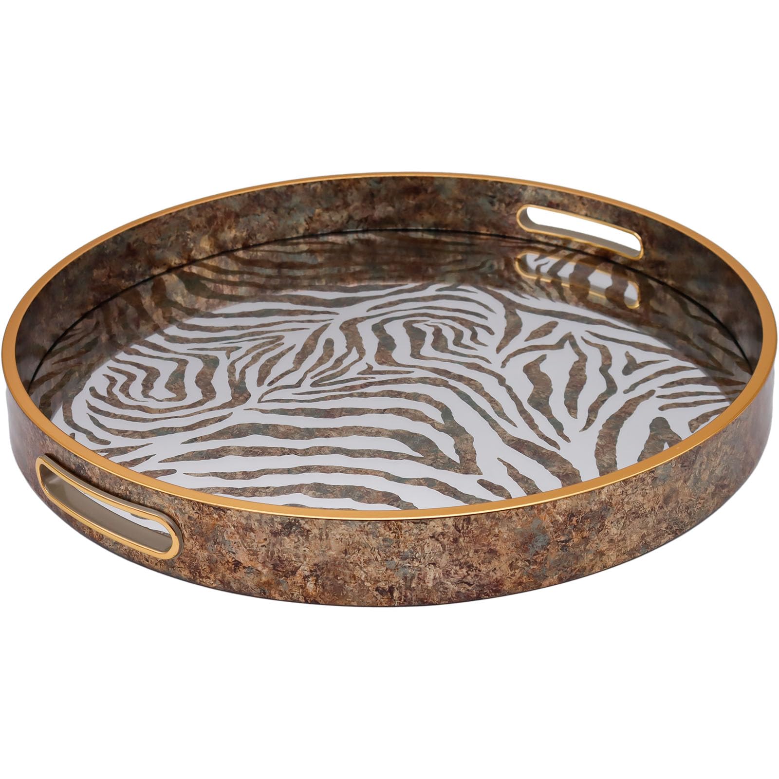 Luxurious Zebra Print Round Decorative Tray | 36cm | Gold Rim Serving & Display Tray | Home Kitchen Coffee Table Decor