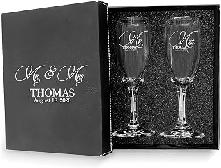 Set of 2 Personalized Wedding Engraved Champagne Flutes With Box - Mr and Mrs Design - For Weddings,Parties and Anniversary