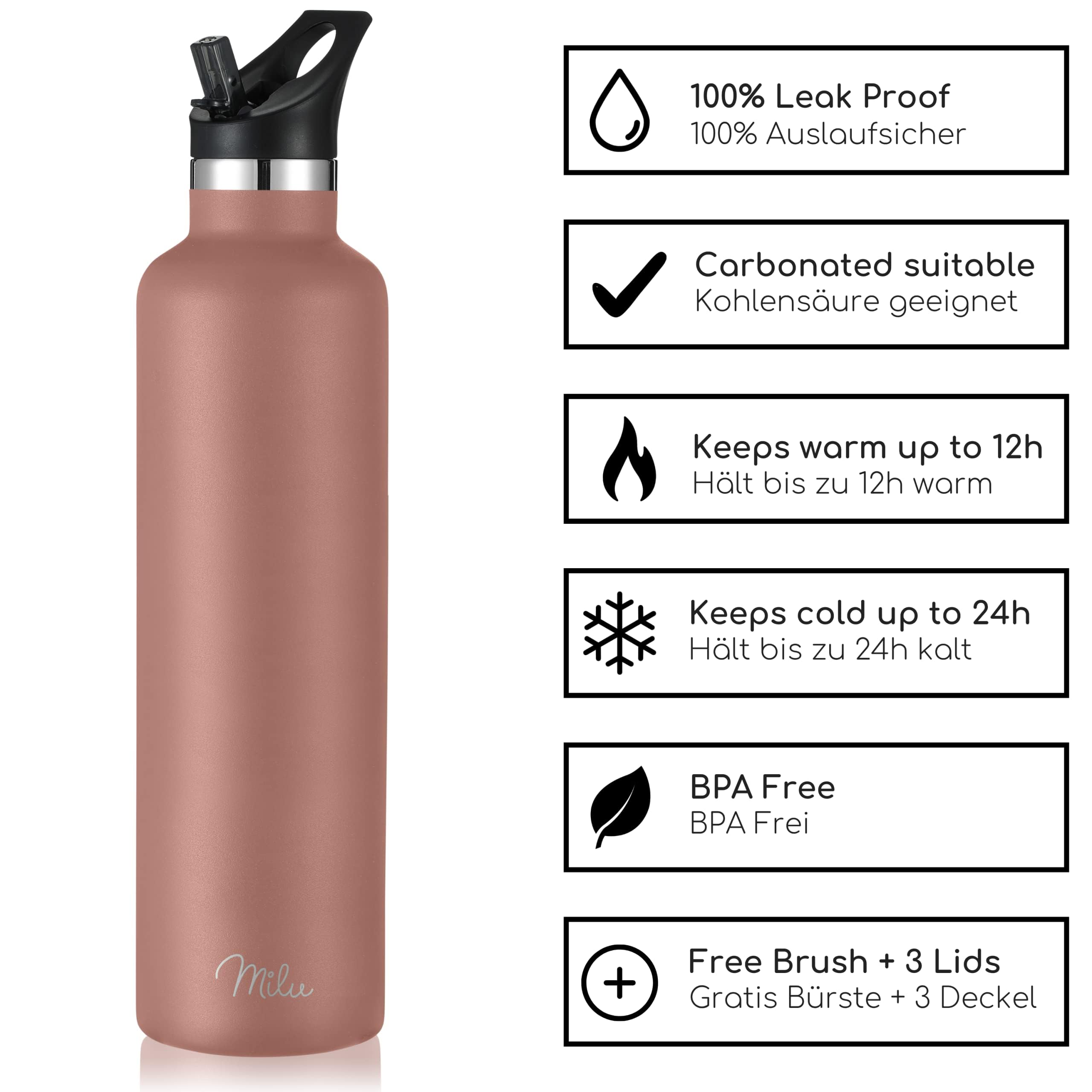 Milu Edelstahl Trinkflasche (+3 Deckel) Thermosflasche mit Strohhalm 1000 ml – Bild 4