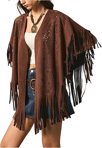 MakeMeChic Women's Fringe Trim Faux Suede Cape Coat Half Sleeve Oversized Cowgir