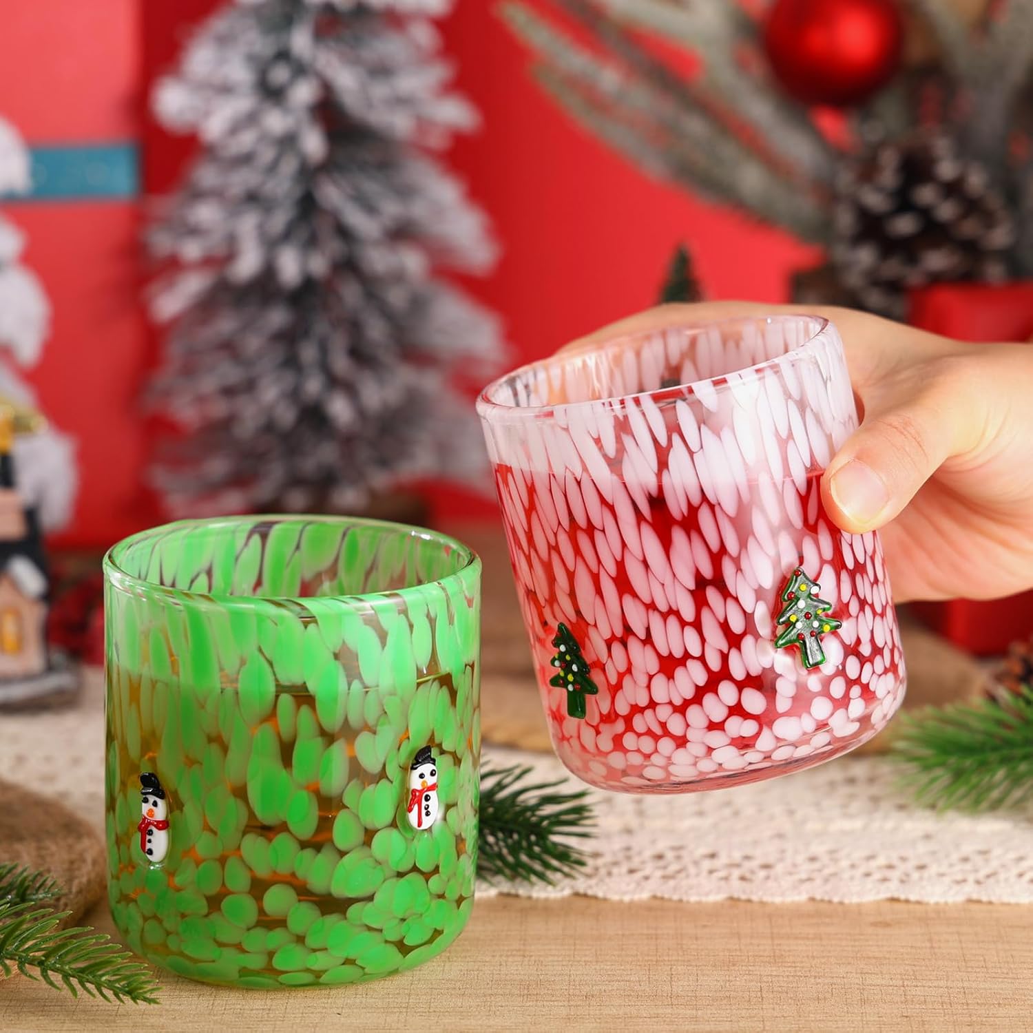 Booson 2 Pcs Christmas Glass Cups 16 oz Snowman Christmas Tree Icon Juice Glasses Double Old Fashioned Stemless Wine Coffee Cocktail Cups Drinking Glassware for Holiday Xmas Party Supplies Gift - Image 5