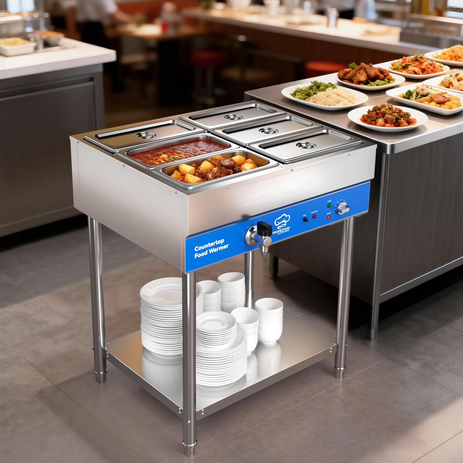 6-Pan Commercial Food Warmer, Electric Steam Table, 120V 1700W Stainless Steel Buffet Catering Food Warmer with Undershelf and Workspace, for Restaurant.