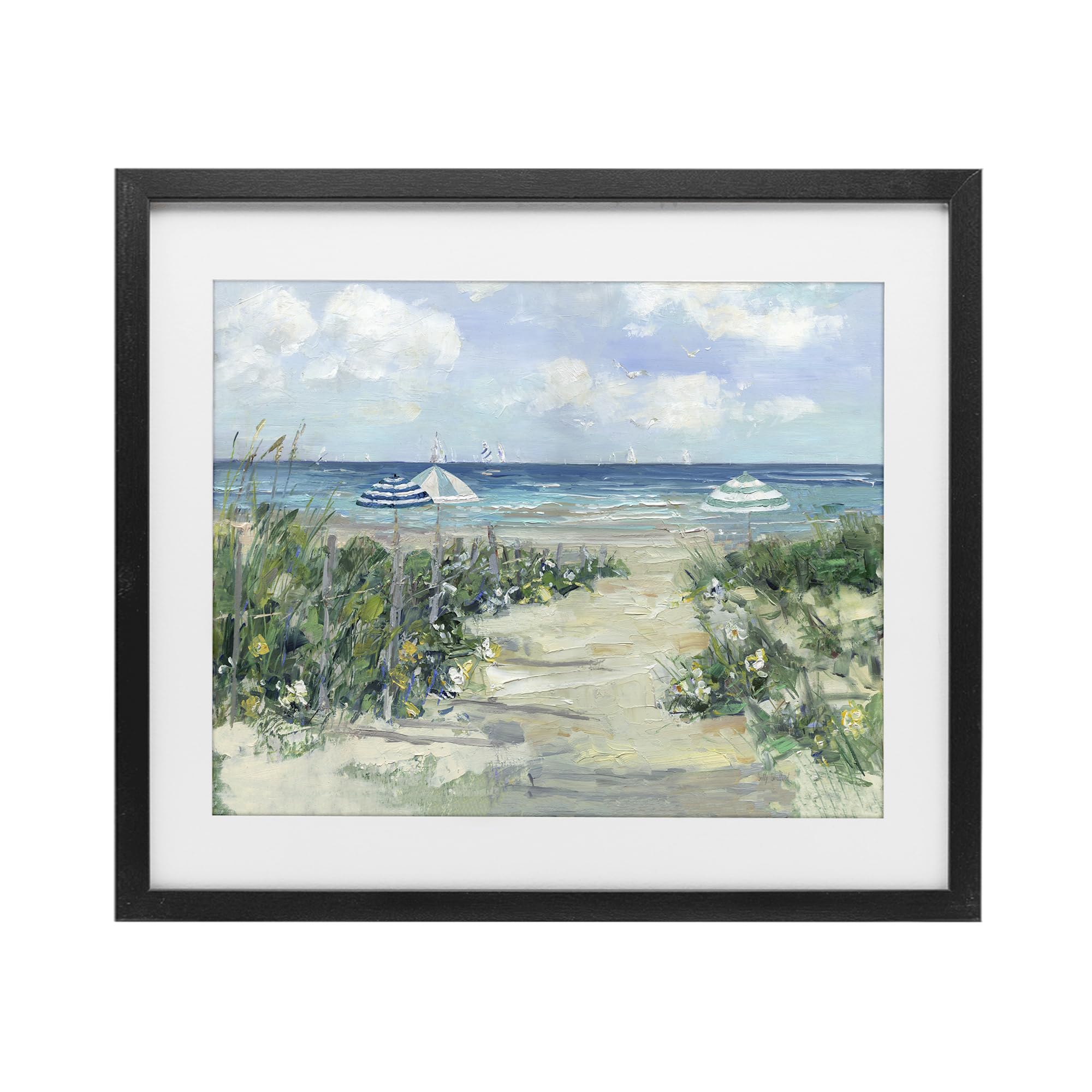 Stupell Industries Midnight Black (Textured) Seaside Path Striped Umbrellas, 17 X 21 Inch Framed Print Under Glass