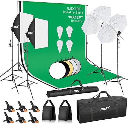 EMART Sistema de Soporte de Telón de Fondo de 8.5 x 10 pies, Kit de Iluminación Profesional para Fotografía con Telón de Fondo de 10*12 pies*3,
