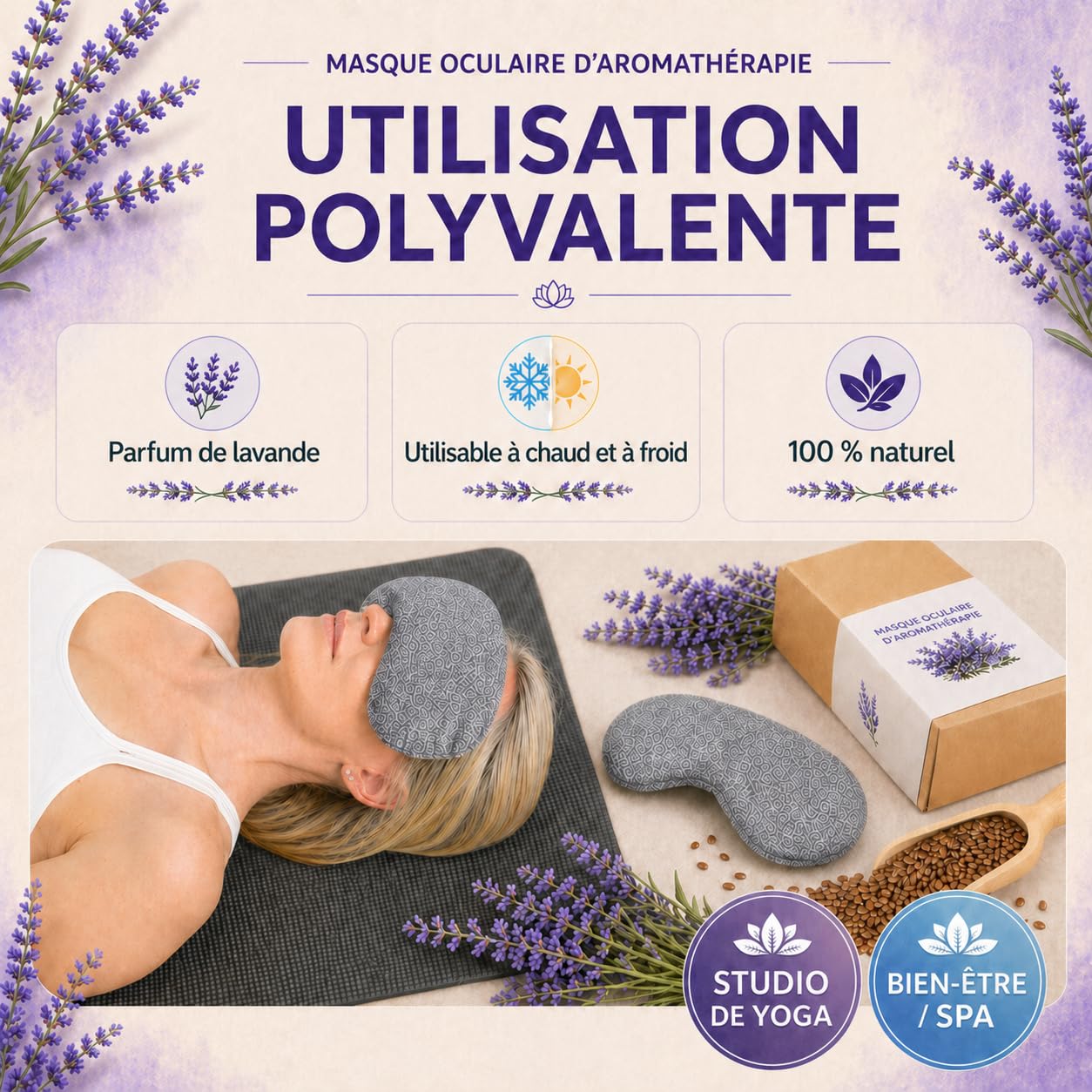 Yosana Coussin pour Les Yeux avec garnissage en graines de Lin et Lavande - Masque pour Les Yeux pour la détente Pendant Le Yoga et méditation - Coussin aromatique