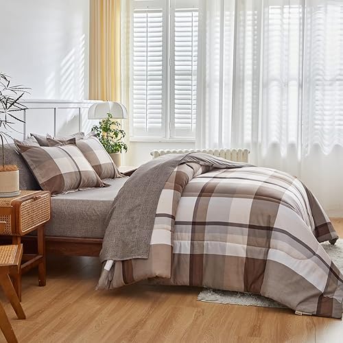 Miniatura 3 de AIKASY Bed in a Bag - Juego de edredón reversible de microfibra suave de 6 piezas, diseño a cuadros marrones, para todas las estaciones (1 edredón,