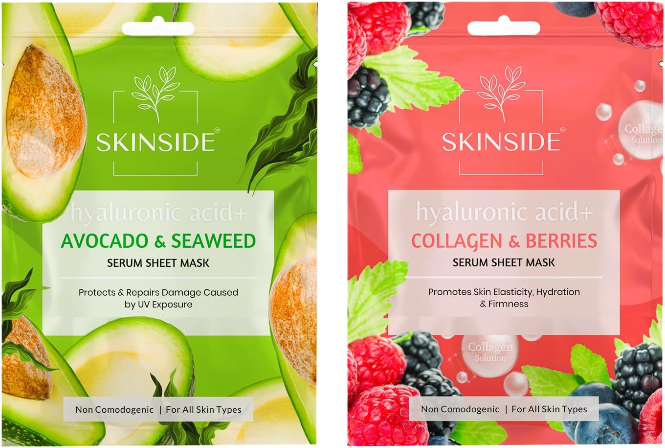 Serum Sheet Mask for Glowing Skin with Hyaluronic Acid | Face Mask Sheets Combo for | Hydrating | Tan & Blackheads Removal | Instant Brightening | Pore Reduction | Fairness | Skin Tightening (2, Avocado & Sea Weed | Collagen & Berries)