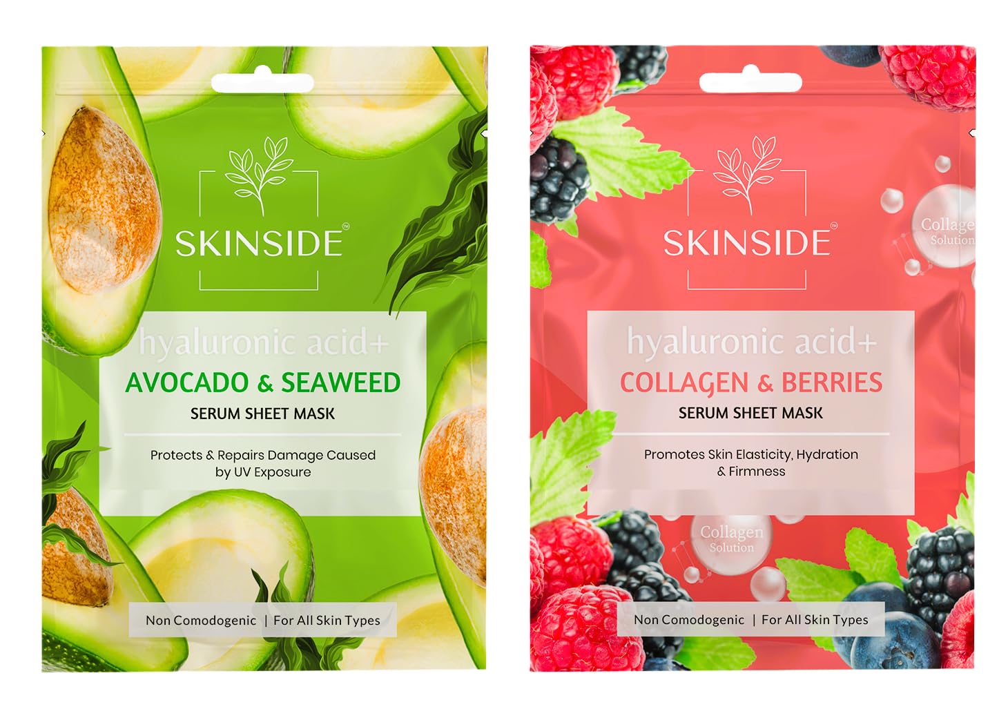 SkinSide Serum Sheet Mask for Glowing Skin with Hyaluronic Acid | Face Mask Sheets Combo for | Hydrating | Tan & Blackheads Removal | Instant Brightening | Pore Reduction | Fairness | Skin Tightening (2, Avocado & Sea Weed | Collagen & Berries)