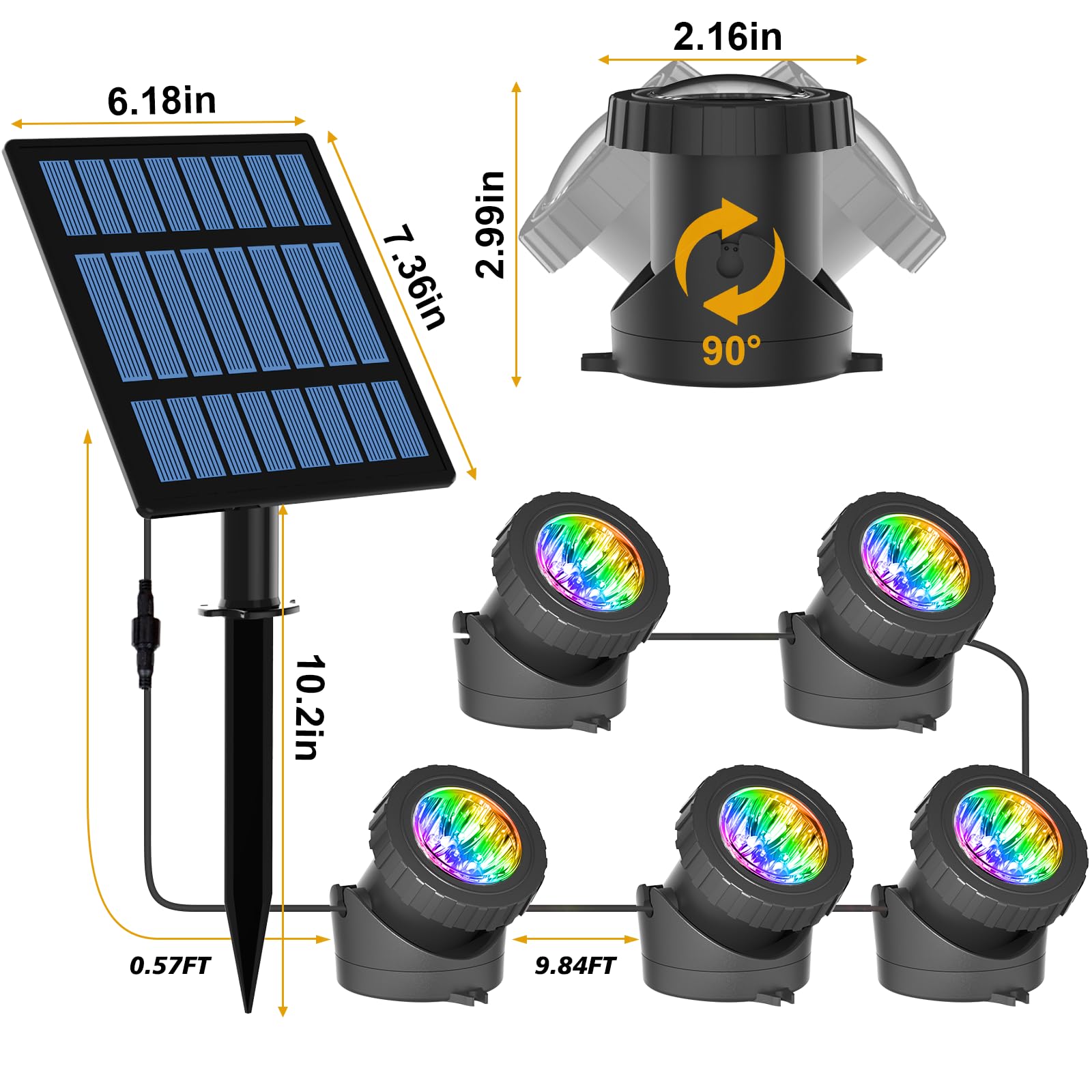 T-SUN Solar Teichbeleuchtung, RGB Solar Unterwasserstrahler LED Teich Licht Teichbeleuchtung mit IP68 wasserdicht, RGB-Farbwechsel Landschaftsscheinwerfer Gartenbeleuchtung für Garten, Patio, Baum