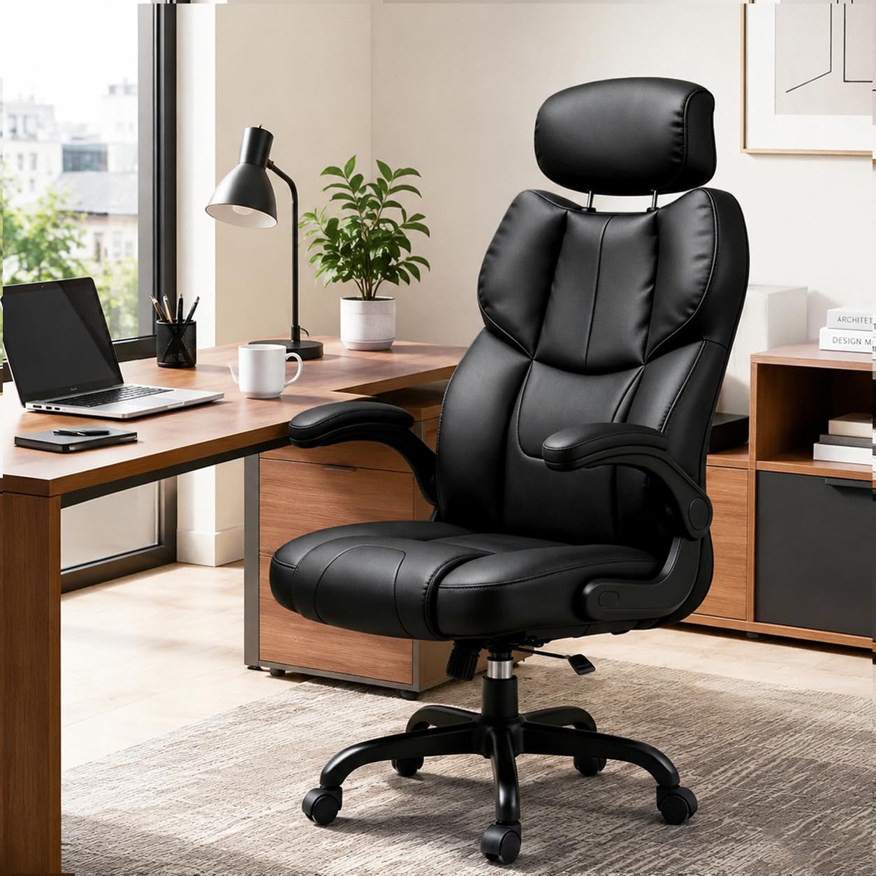 naspaluro Sedia Ufficio Ergonomica con Braccioli Regolabili, Sedia Scrivania con Rotelle, Poltrona Direzionale PU, Supporto Lombare, Schienale Alto 83 cm, Altezza Regolabile e Girevole 360°, Nero