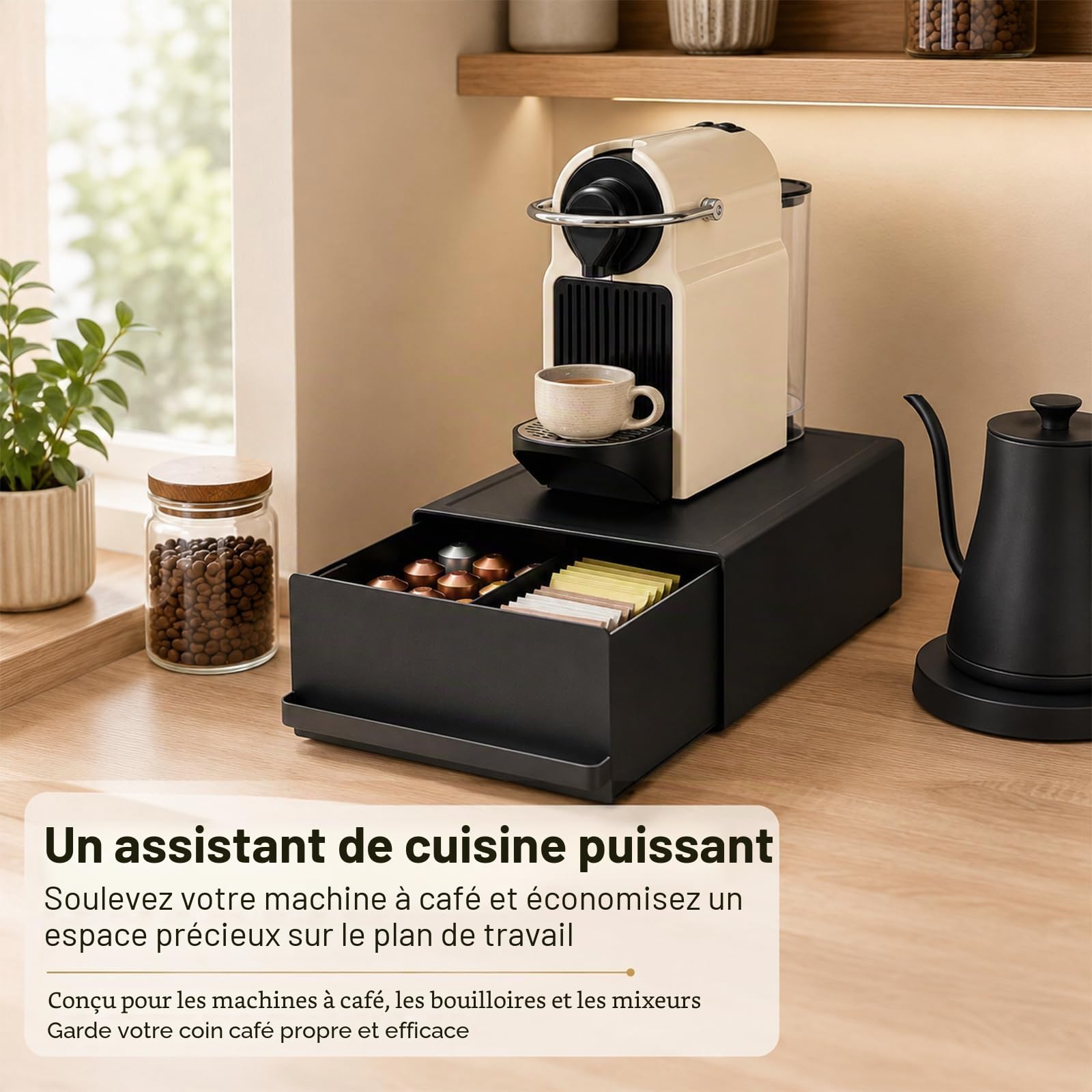 Porte-capsules de café, 27,5 x 22,2 x 11,5 cm, avec tiroir, fabriqué en acier au carbone, capacité de charge de 11 kg, organisateur de café pour machine à café, mixeur, bouilloire