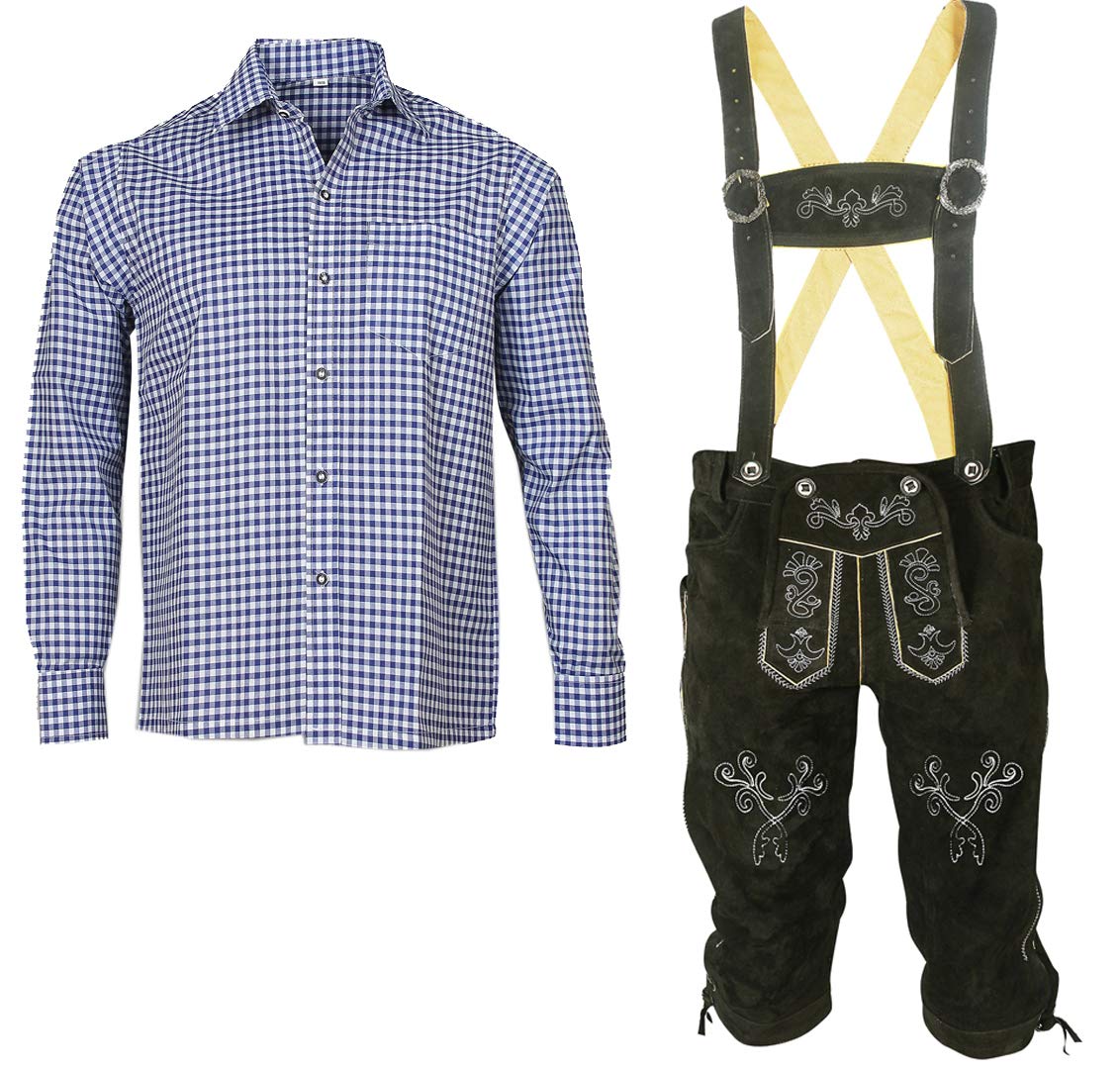 ALL THE GOOD Herren Trachten Set Lederhose mit Trägern + Trachten Hemd Bayerische Oktoberfest (Hose + Hemd) SLB02