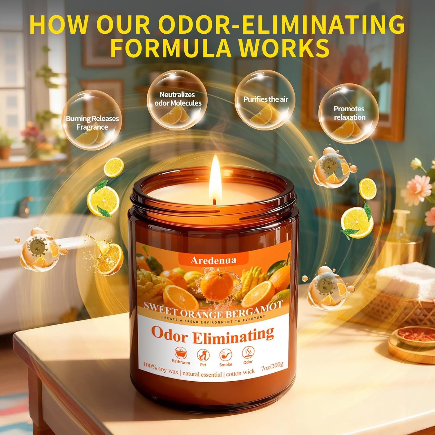 Sweet Orange Odor Eliminating Candles, 7 oz Soy Scented Candle