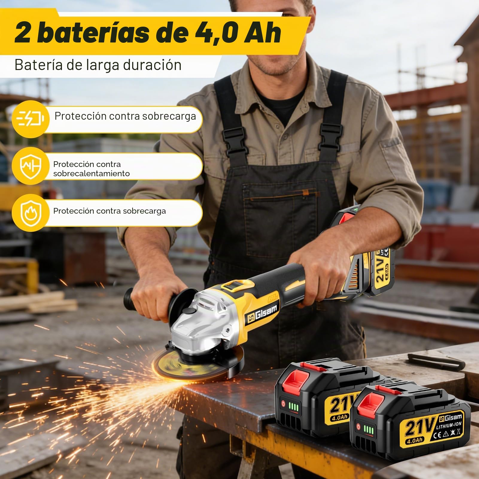 Gisam Amoladora Angular a Batería, 21V Amoladora Bateria inalámbrica con 4000 mAh, Motor sin Escobillas 12000RPM, Ø de disco 125 mm, 12 Discos para Crtar y Amolar con Precisión