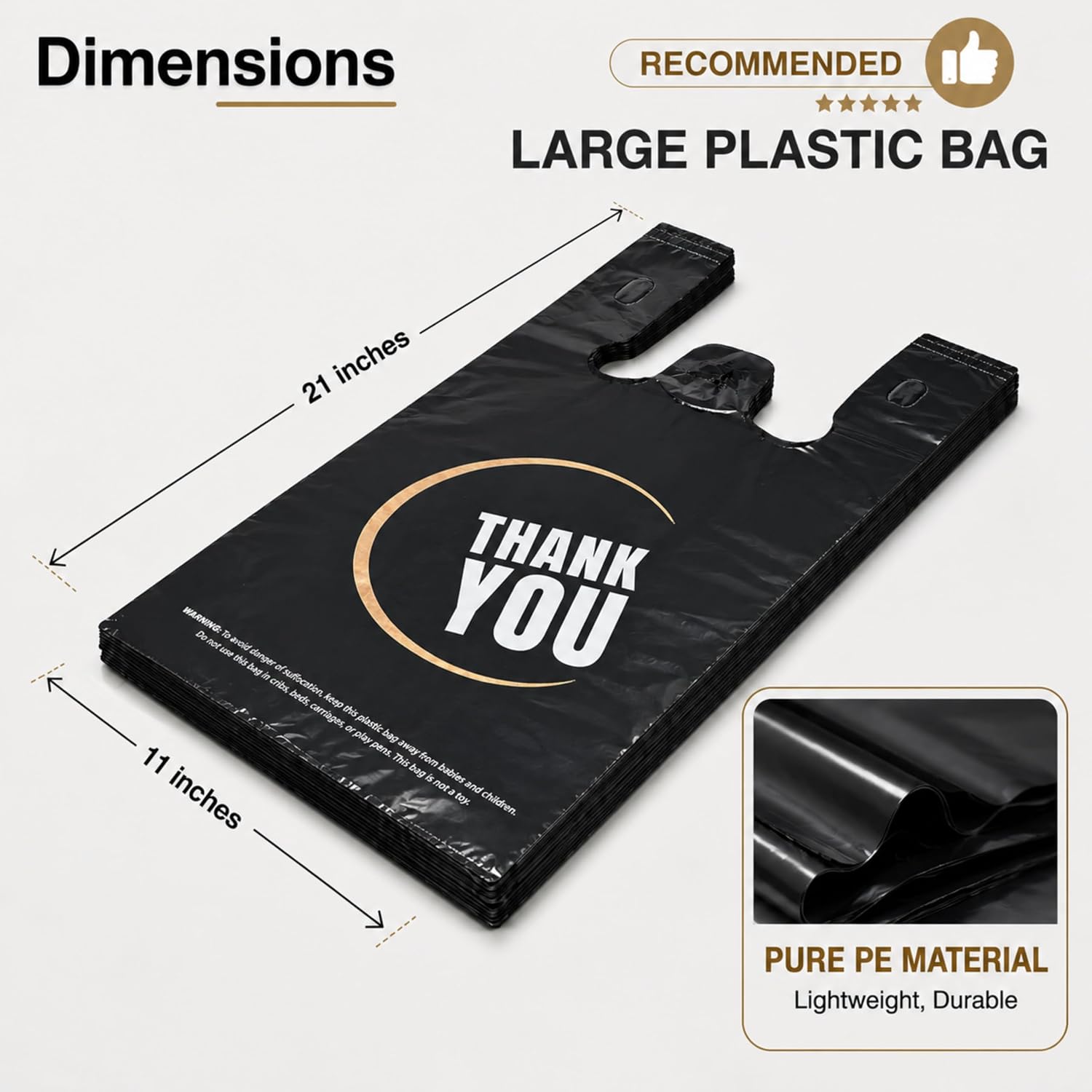  100 Count Black Thank You T-Shirt Bags, 11 x 6 x 21 in | Durable HDPE with handles, black Thank You print, carryout sacks for grocery, retail, takeout and small business thumbnail