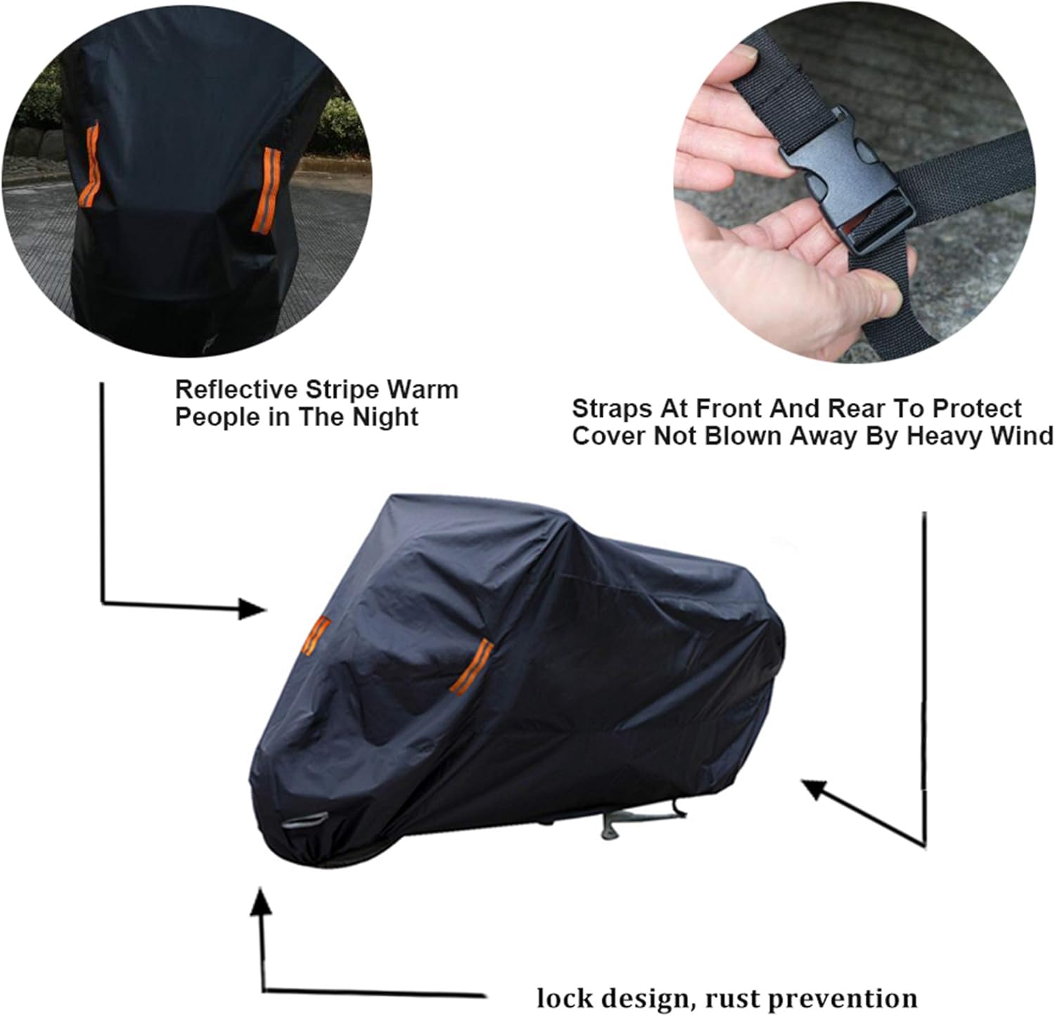 SEAZEN Motorcycle Cover Waterproof Outdoor, 5 Layer Heavy Duty Motorcycles Vehicle Cover Dustproof UV Protection with Night Reflective Straps and Lock-Holes (Motorcycle-XXL UP to 114")
