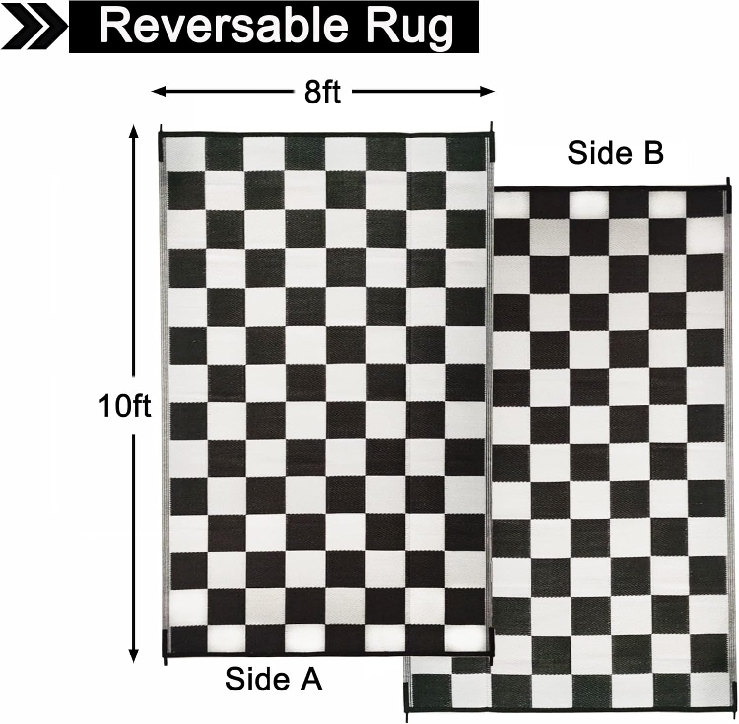 Outdoor 8'x10' Geometric Waterproof Reversible Plastic Straw Rug, Black & White Check