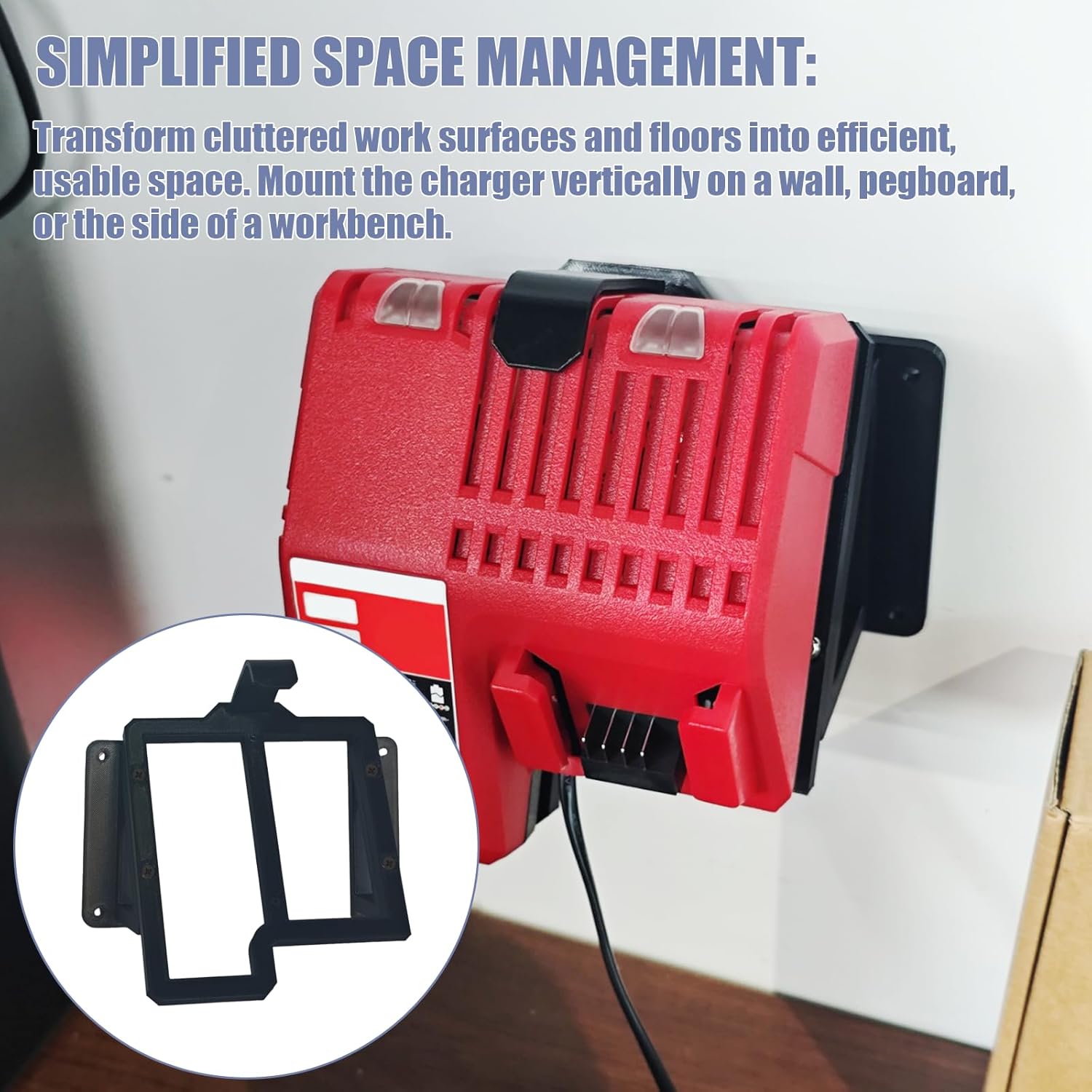 Power Tool Organizer, Compatible with Milwaukee M12/M18 Charger Wall Mount Securely Mounts Your Charger, for Garage & Workshop Organization, Saving Space and Keeping Your Tools Tidy (Black*2pcs)