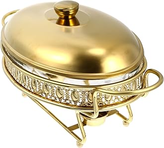 UPKOCH 1.5L Round Chafing Dish Buffet Warmer, Gold Chafer Set with Steel Lid, Glass Food Pan, Water Pan, and Fuel Holders for Buffet, Wedding, Parties, Banquet, Catering Events