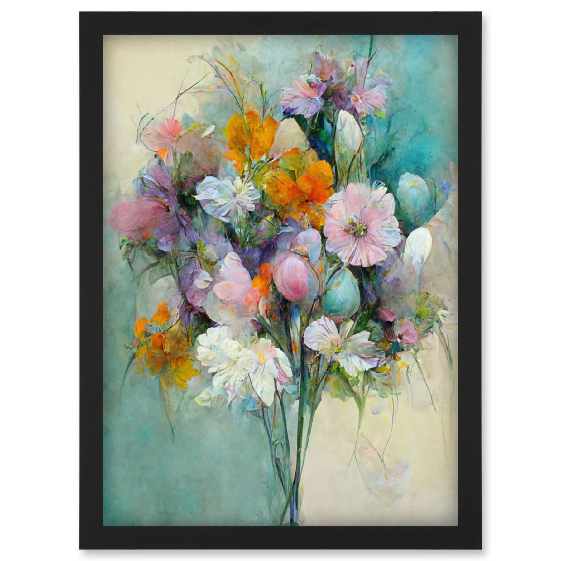 Doppelganger33 LTD Watercolour Pink Orange And Teal Spring Flower Bouquet Illustration Artwork Framed Wall Art Print A4