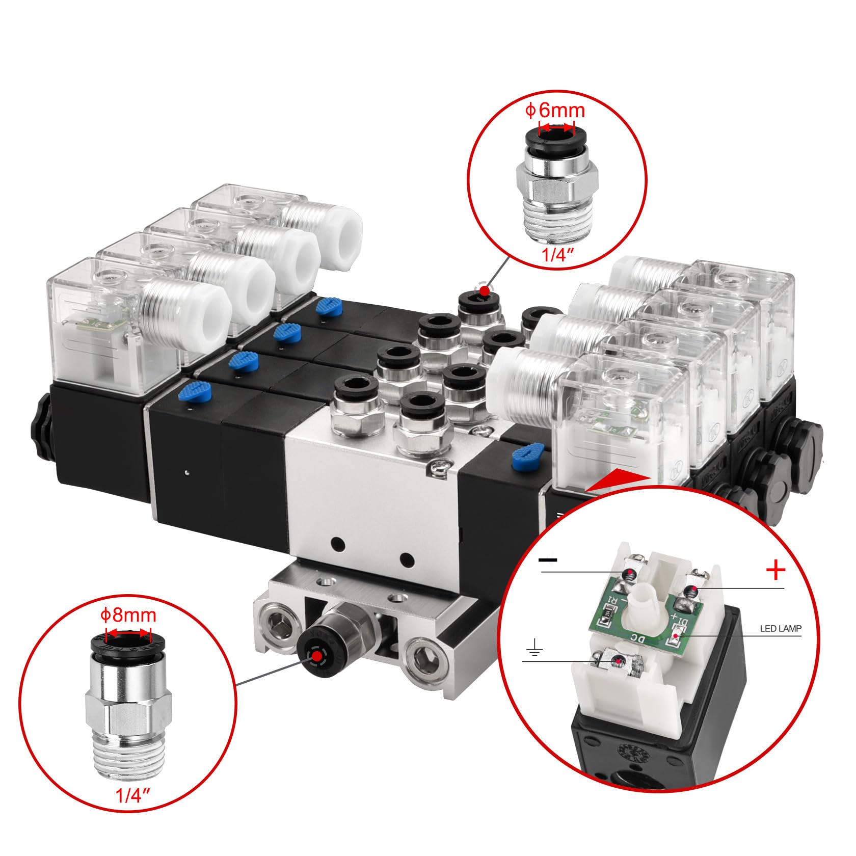 Heschen Elektryczny pneumatyczny 4 zawór elektromagnetyczny, 4V230C-08, 24VDC, PT1/4, 5-drożny 3-pozycyjny, podstawa kolektora, tłumik, zestaw szybkozłączek, CE