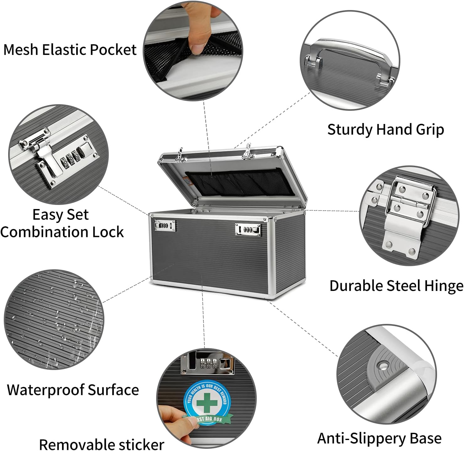 Large capacity Locking Box，Lockable Medication Box with Portable Storage Case, 15 x 8.7 x 9.3 Inch, Childproof Medicine Lock Organizer, Locked Empty First Aid Storage Case (Gray/X-Large)