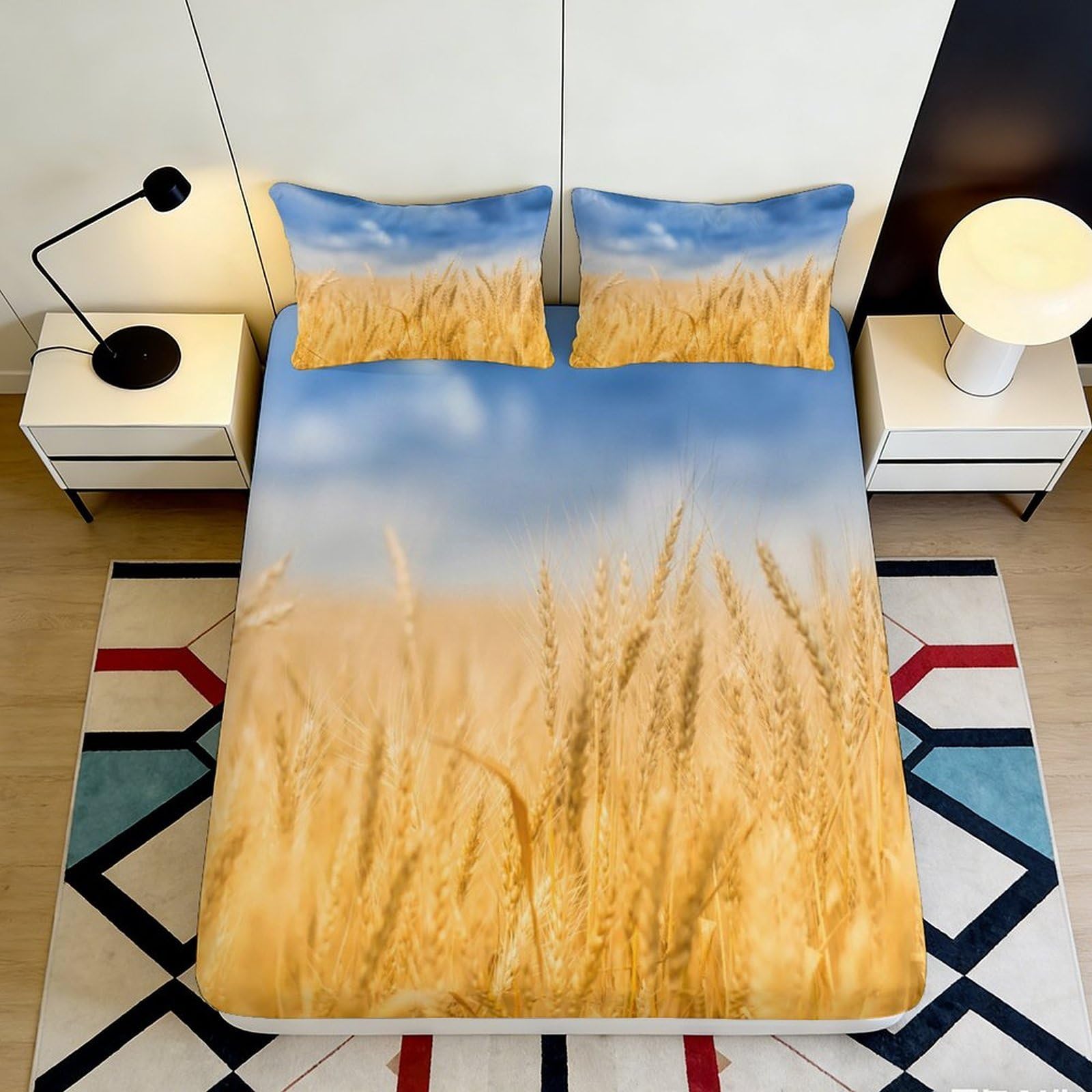 3D Printed Wheat Field Fitted Sheet Microfiber Soft Anti-Slip Golden Harvest Bed Cover for Bedroom Guest Room Decor 200x200x25cm