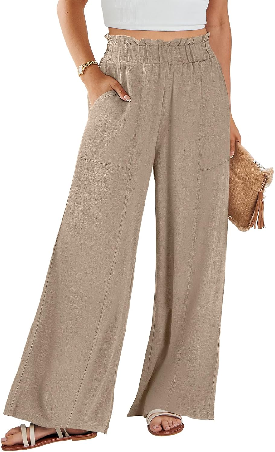 ANRABESS Womens Linen Pants 2025 Summer Casual Loose Wide Leg Palazzo Pants High Waist Flowy Beach Trousers Work Outfits