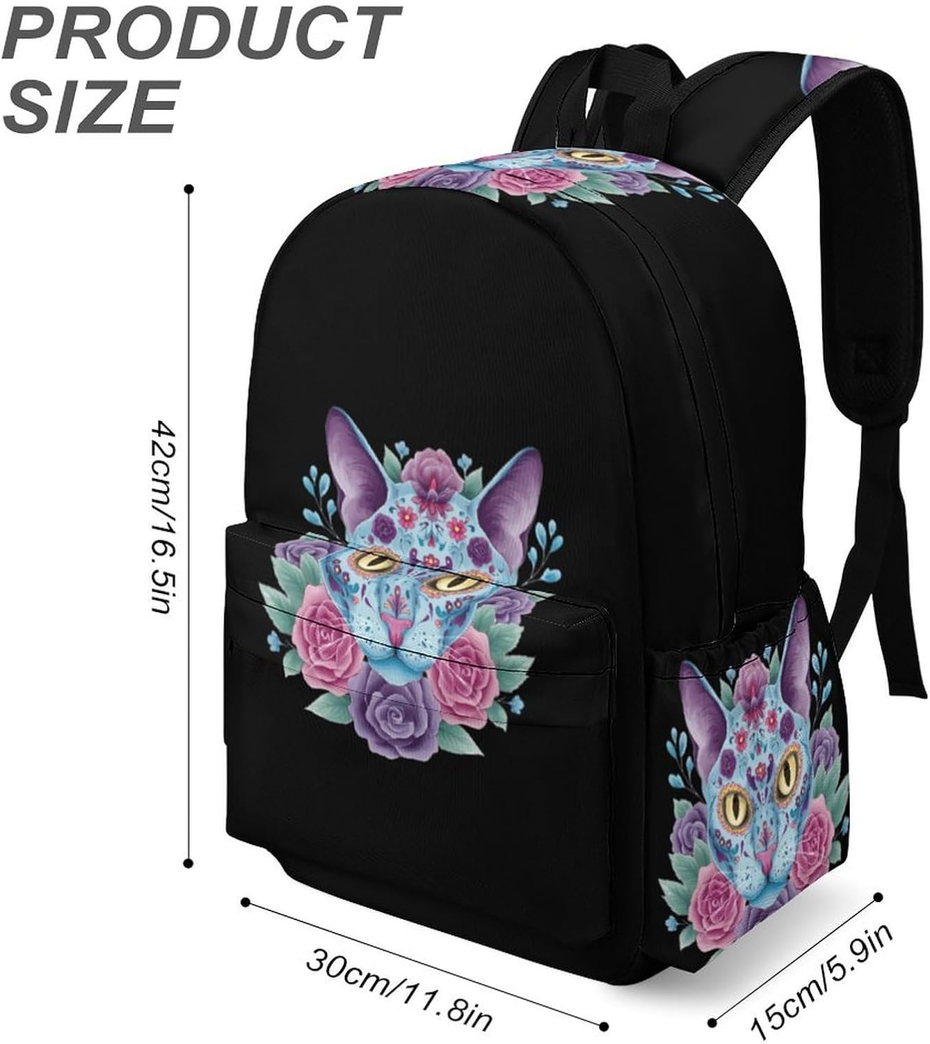 Colorful Sugar Cat Flower Printed Backpack for Men Women image 3