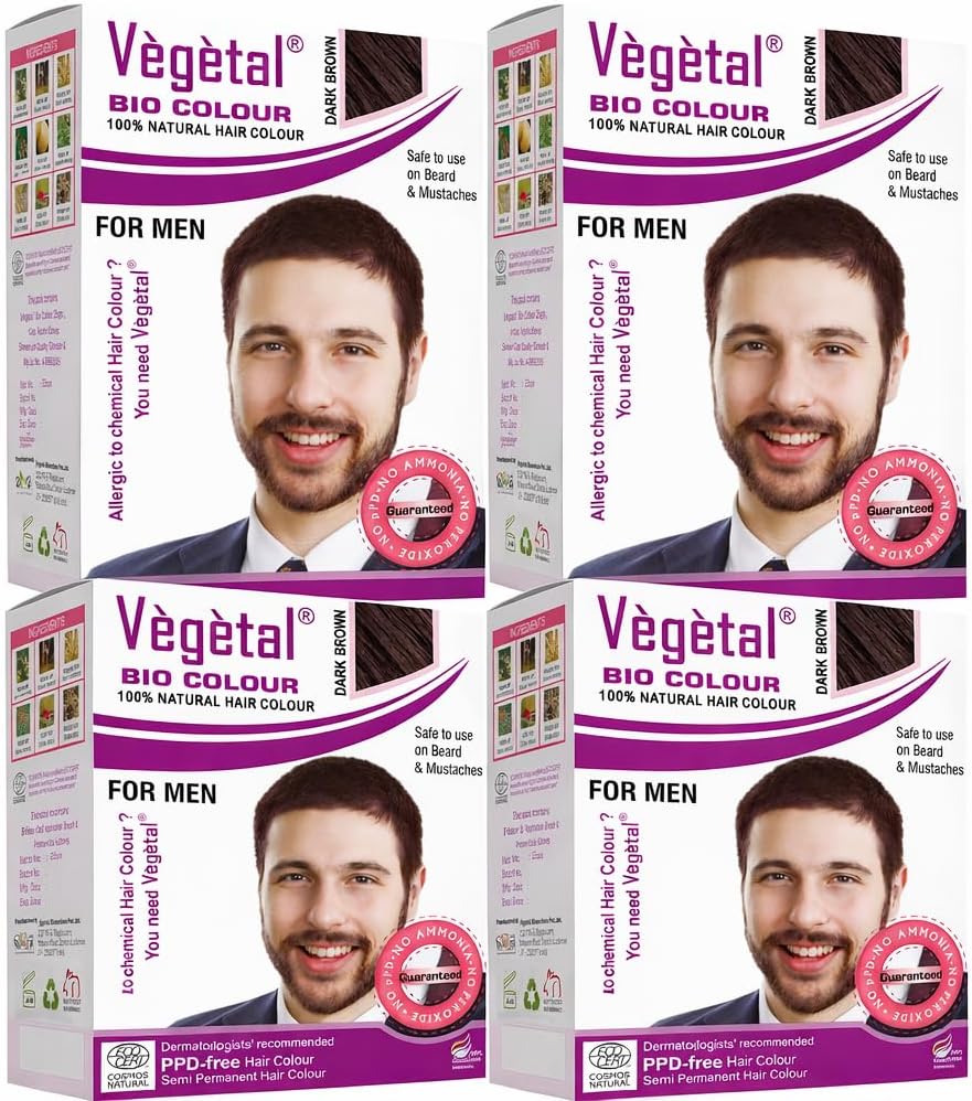 Vegetal Bio Colour - Experience Dark Brown Beard Hair Color for Men, Ammonia-Free, PPD-Free, 100% Organic, and Herbal, Safe and Effective Beard Dye, Complete Kit Included 25g (Pack of 4)