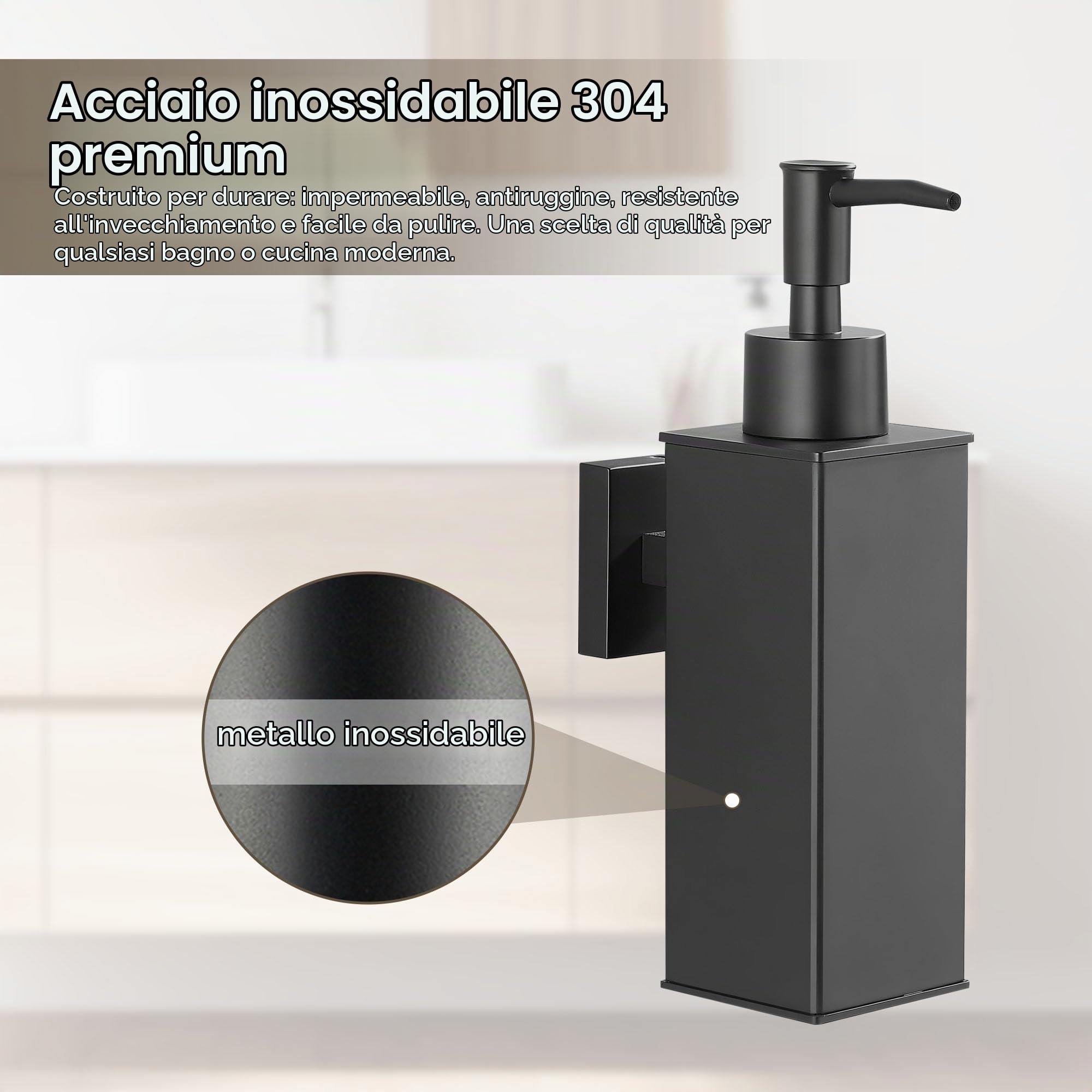 BGL Dispenser di sapone da parete, 2 pezzi, in acciaio inossidabile 304, dispenser per lavaggio a mano liquido per bagno e cucina, nero