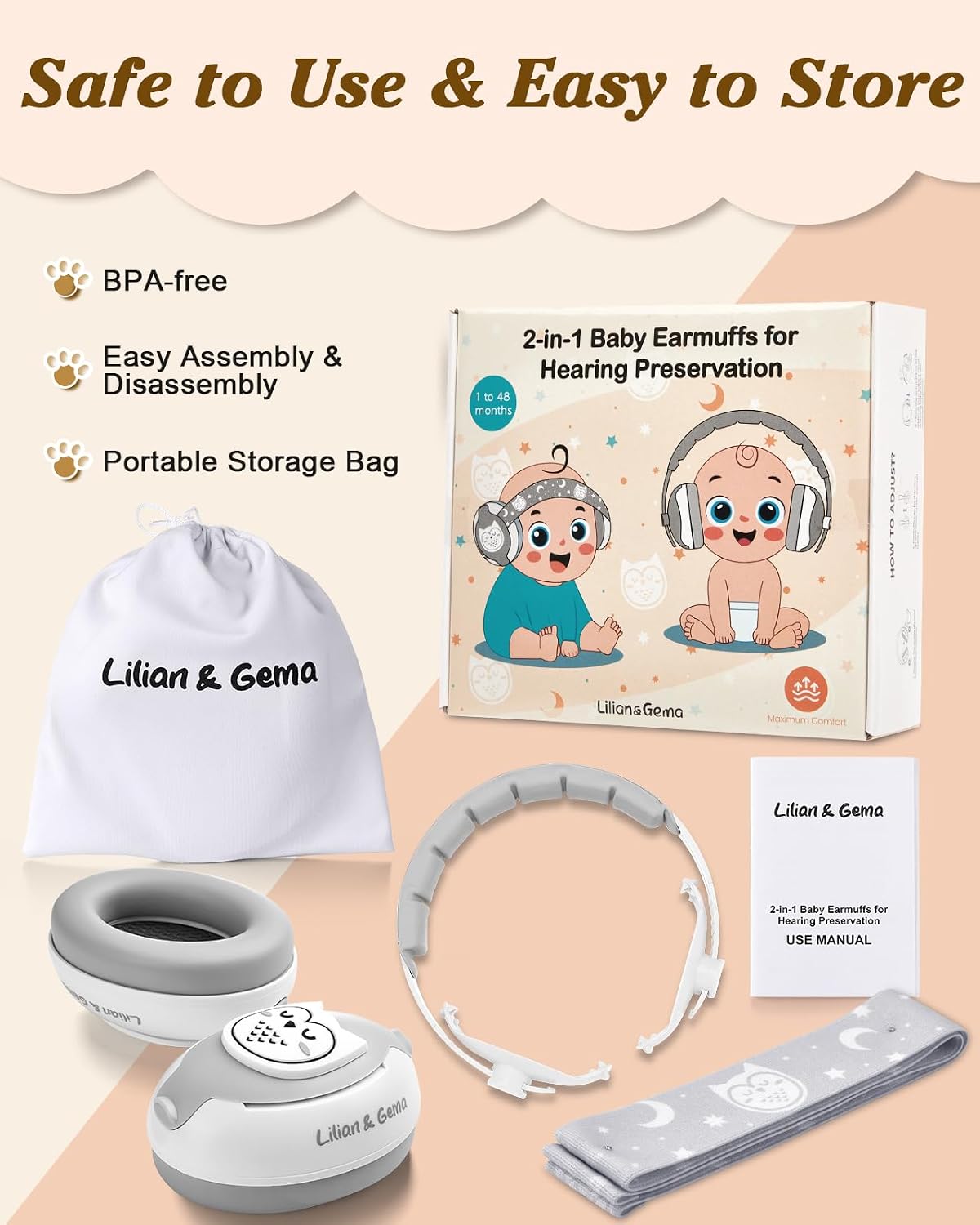 Lilian&Gema 2-in-1 Baby Ear Muffs Noise Protection up to 48 Months - Cute Owl Ear Protection for Infant & Toddler - Baby Airplane/Travel Essentials - Adjustable Noise Reduction Earmuffs, White