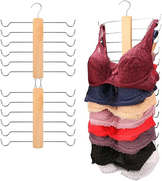Volnamal Bra Hanger for Closet 2 Pack, Premium Wood Tank Top Hanger 360° Rotating