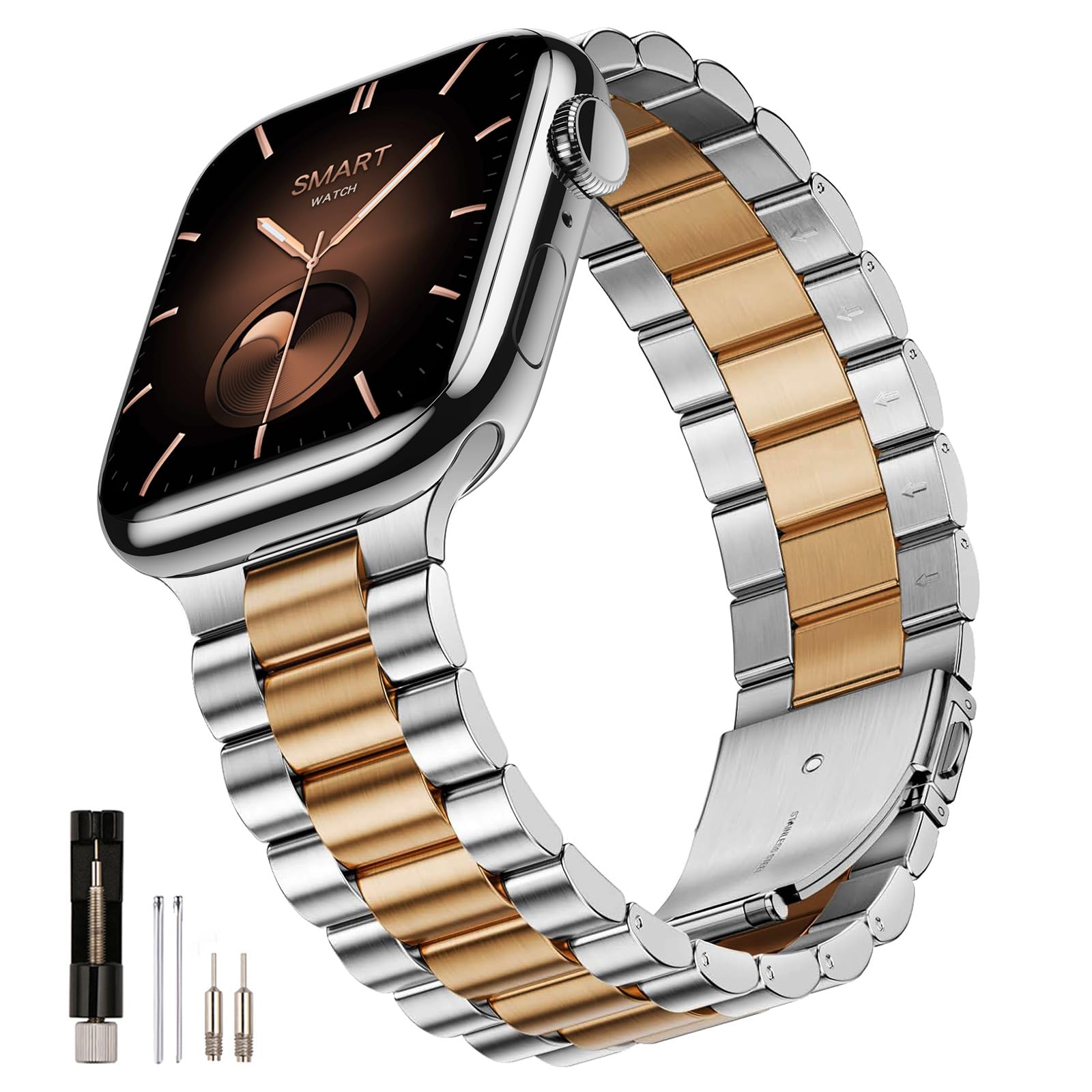 SUNFWR Compatible avec les bracelets Apple Watch de 45 mm, 44 mm, 42 mm pour homme et femme, bracelet iWatch en acier inoxydable avec étui pour Apple Watch Series 9/8/7/6/5/4/3/2/1/SE/SE2 (argent + or