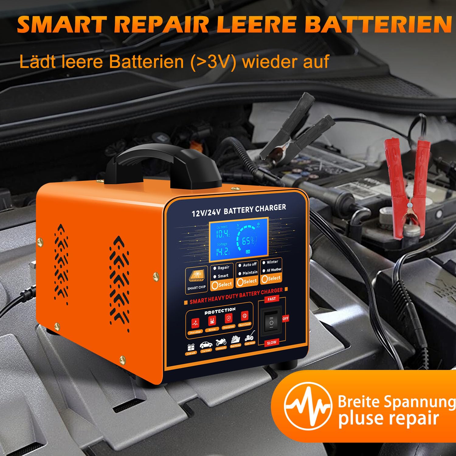 SolaMr 12V/24V Autobatterie Ladegerät & Batterieerhaltungsgerät, Automatisches Intelligentes Batterieladegerät, 0-20A Schnell Erhaltungsladegerät mit Reparatur, Wintermodus, für AGM Auto LKW Motorrad