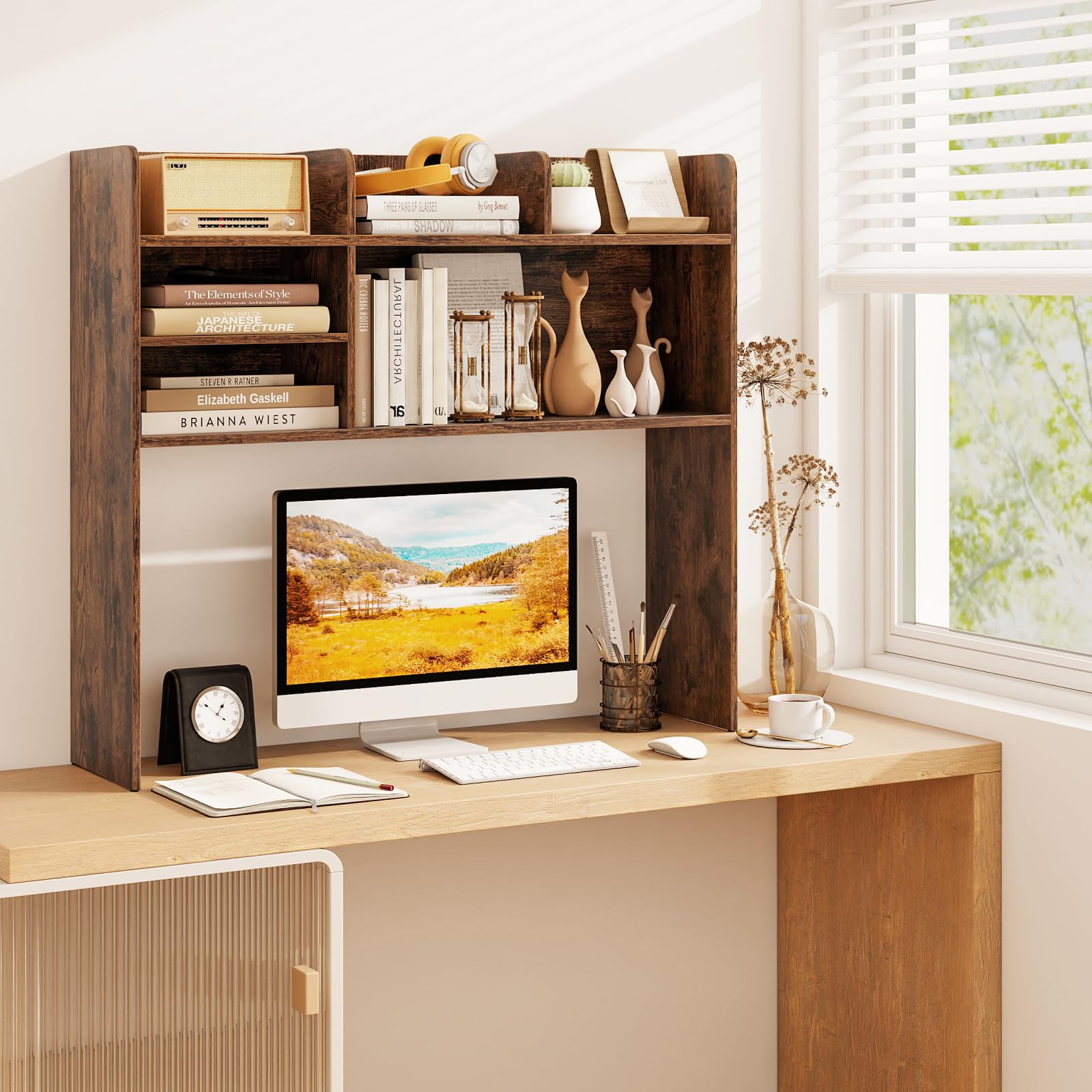 GIANTEX Estantería de Escritorio con 6 Estantes Abiertos, Mueble Organizador sobre Mesa con Kit Antivuelco, 94 x 24 x 85 cm, Estante Ajustable, para Plantas, Libros, Comésticos (Marrón)