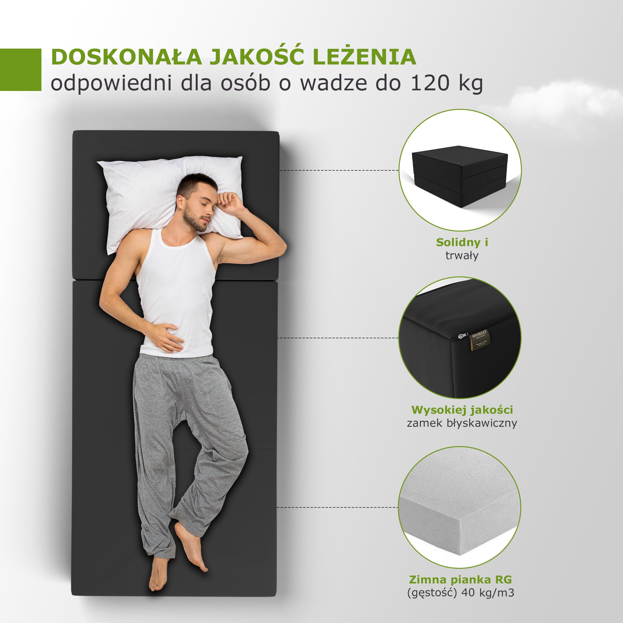 Składany materac 90 x 200 x 12 cm Shogazi® TRAVEL, materac dla gości, 3-częściowy, kostka rehabilitacyjna, wysokiej jakości zimna pianka, bawełniana poszewka nadaje się do prania, wykonano w Niemczech, antracytowa