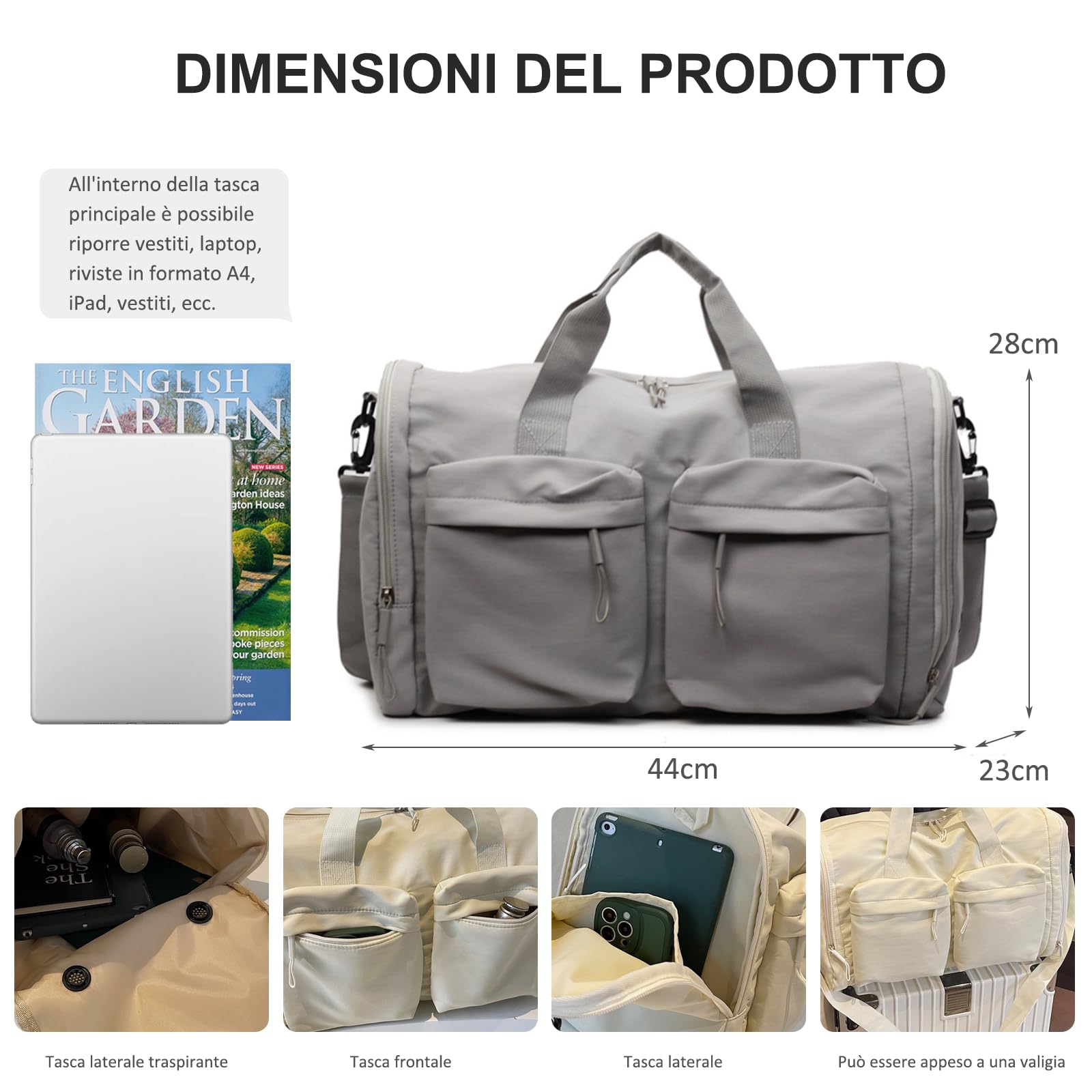 Balakaka Borsone da Viaggio Pieghevole 44x23x28cm, Portatile Borsone Palestra Sportiva con Multitasche, Grande Capacità Borsa da Viaggio con Cerniere e Manici, Grigio