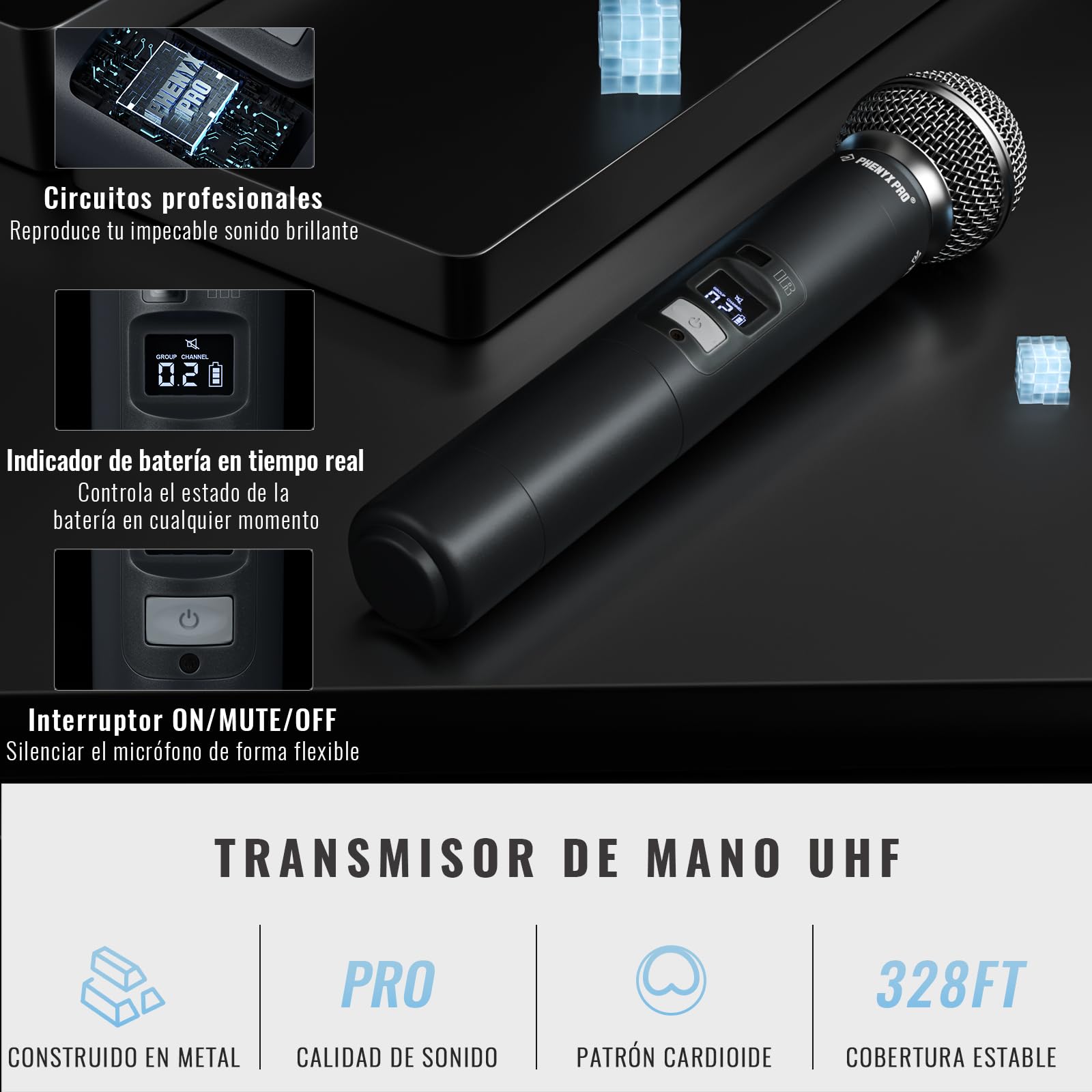 Phenyx Pro Sistema de Micrófono Inalámbrico 4 Canales PTU-7000-2H2B | Escaneo auto, 2 Mics de mano dinámicos, 2 bodypacks, Mics de diadema/solapa, 4 x 40 frecuencias, Alcance 328 ft